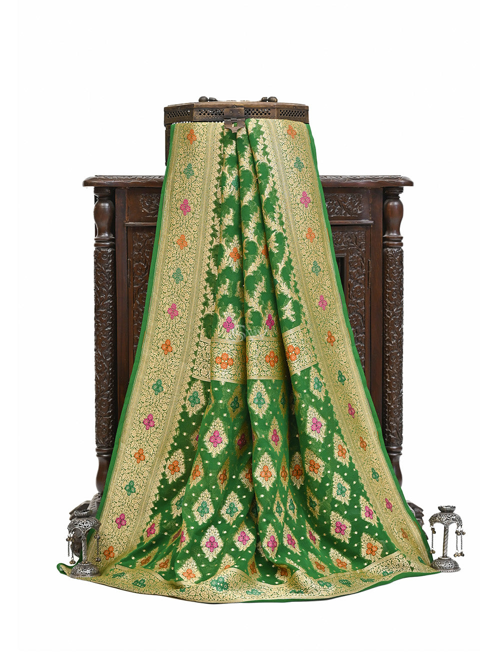 Bottle Green Meenakari Jaal Khaddi Georgette Handloom Banarasi Saree - Sacred Weaves