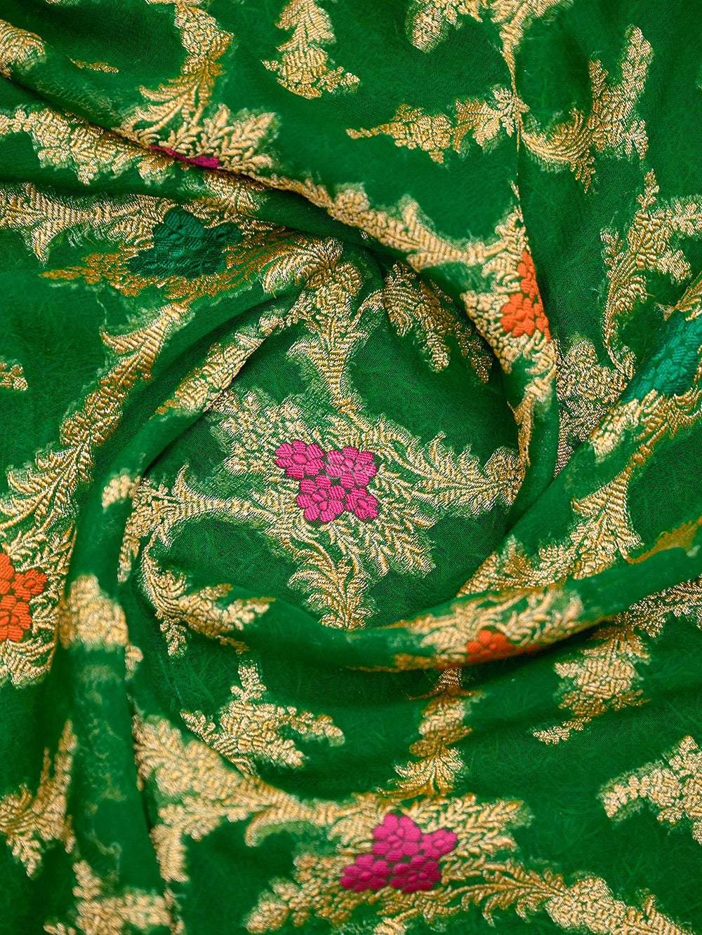 Bottle Green Meenakari Jaal Khaddi Georgette Handloom Banarasi Saree - Sacred Weaves