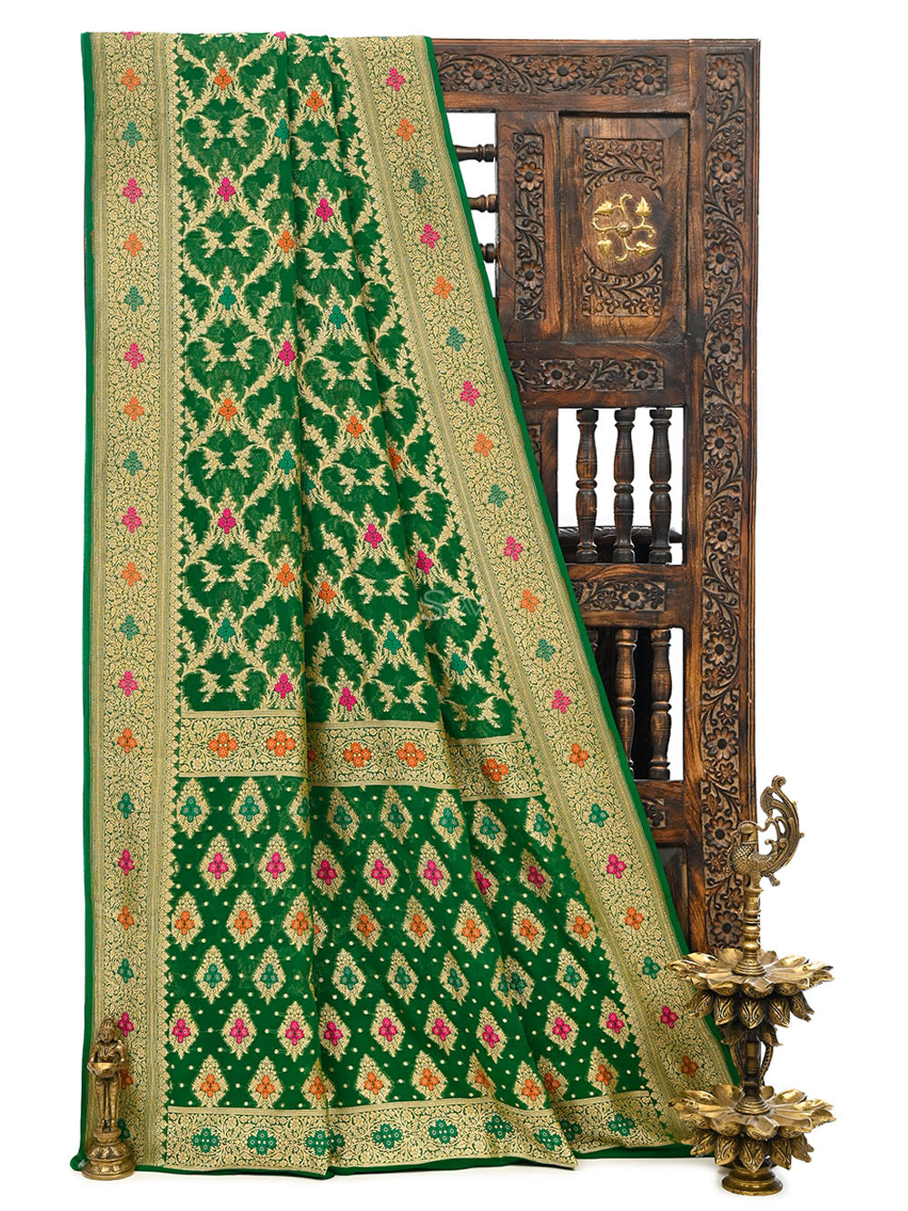 Bottle Green Meenakari Jaal Khaddi Georgette Handloom Banarasi Saree - Sacred Weaves