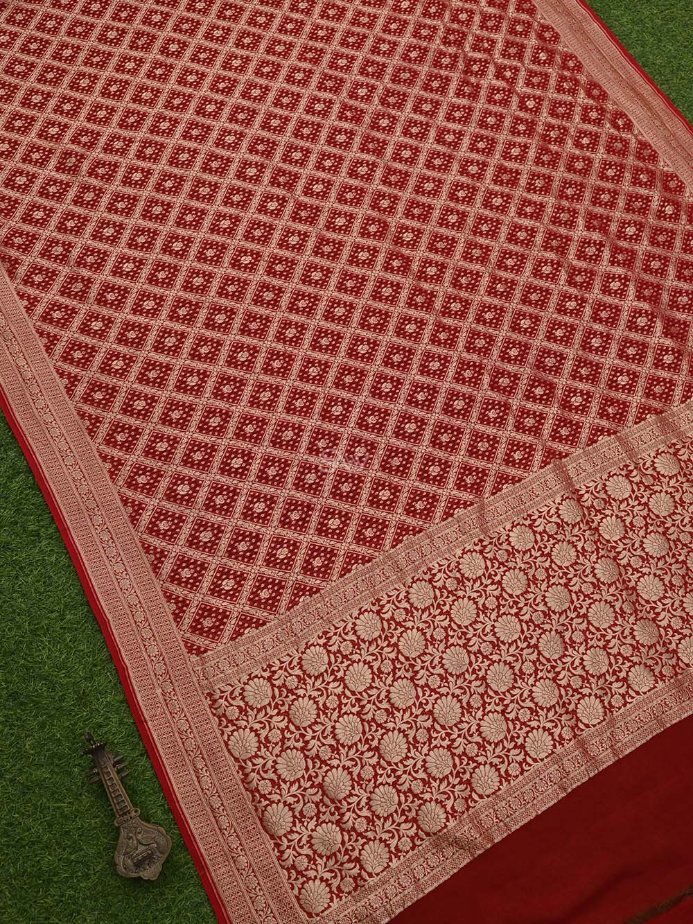 Red Jaal Khaddi Georgette Handloom Banarasi Saree - Sacred Weaves