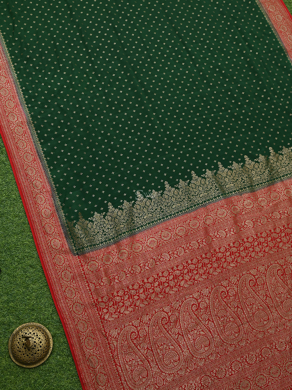 Bottle Green Booti Crepe Silk Handloom Banarasi Saree - Sacred Weaves