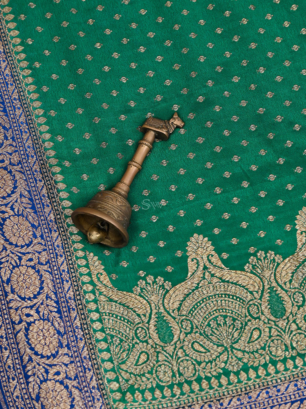 Bottle Green Booti Crepe Silk Handloom Banarasi Saree - Sacred Weaves