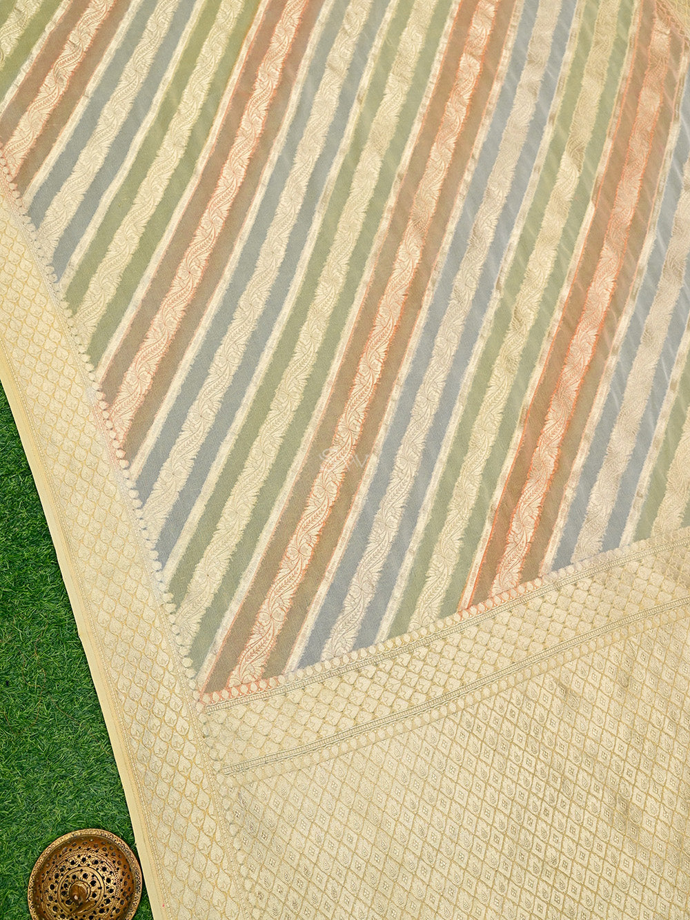 Pastel Yellow Peach Rangkat Khaddi Georgette Handloom Banarasi Saree - Sacred Weaves