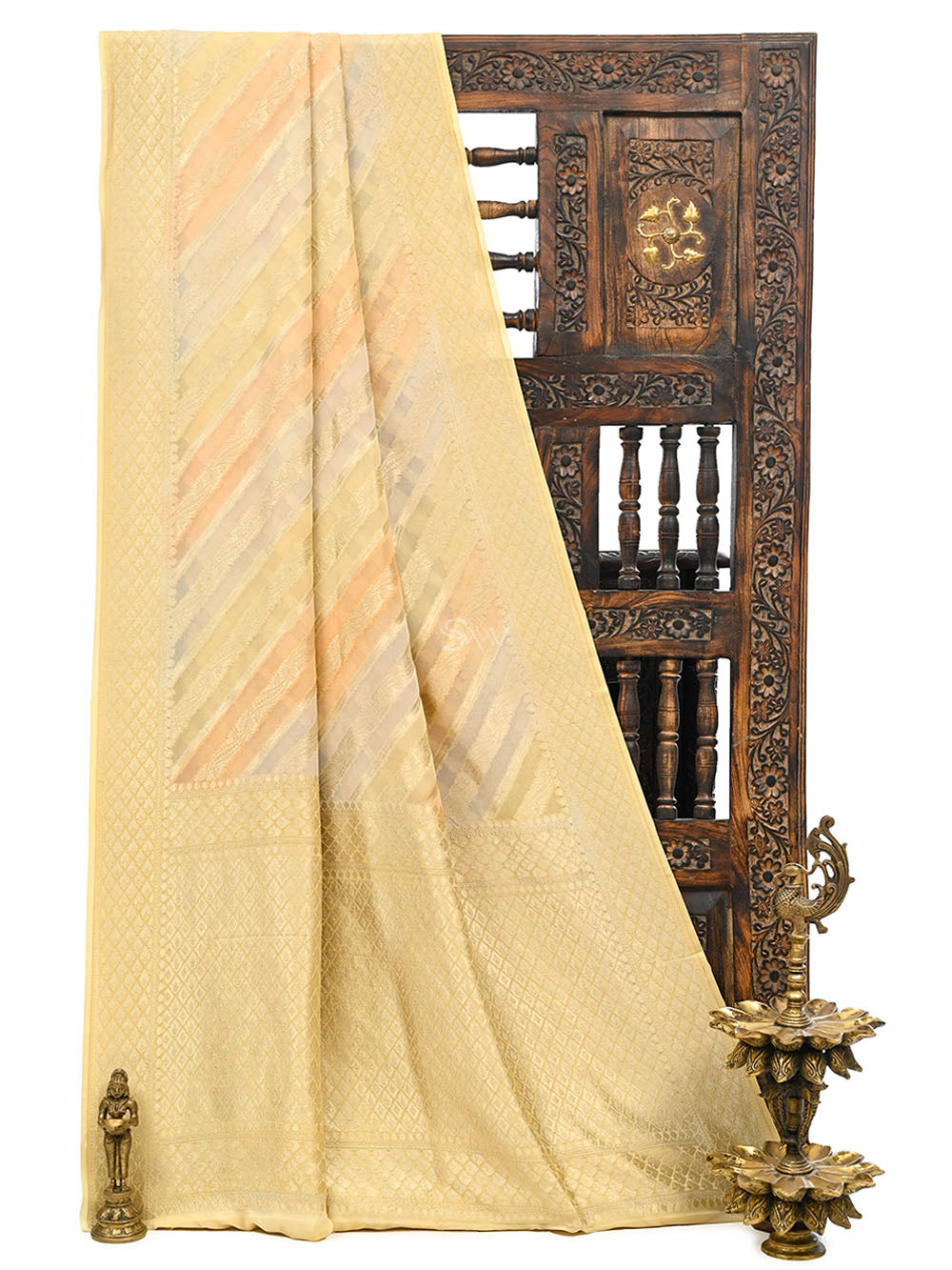 Pastel Yellow Peach Rangkat Khaddi Georgette Handloom Banarasi Saree - Sacred Weaves