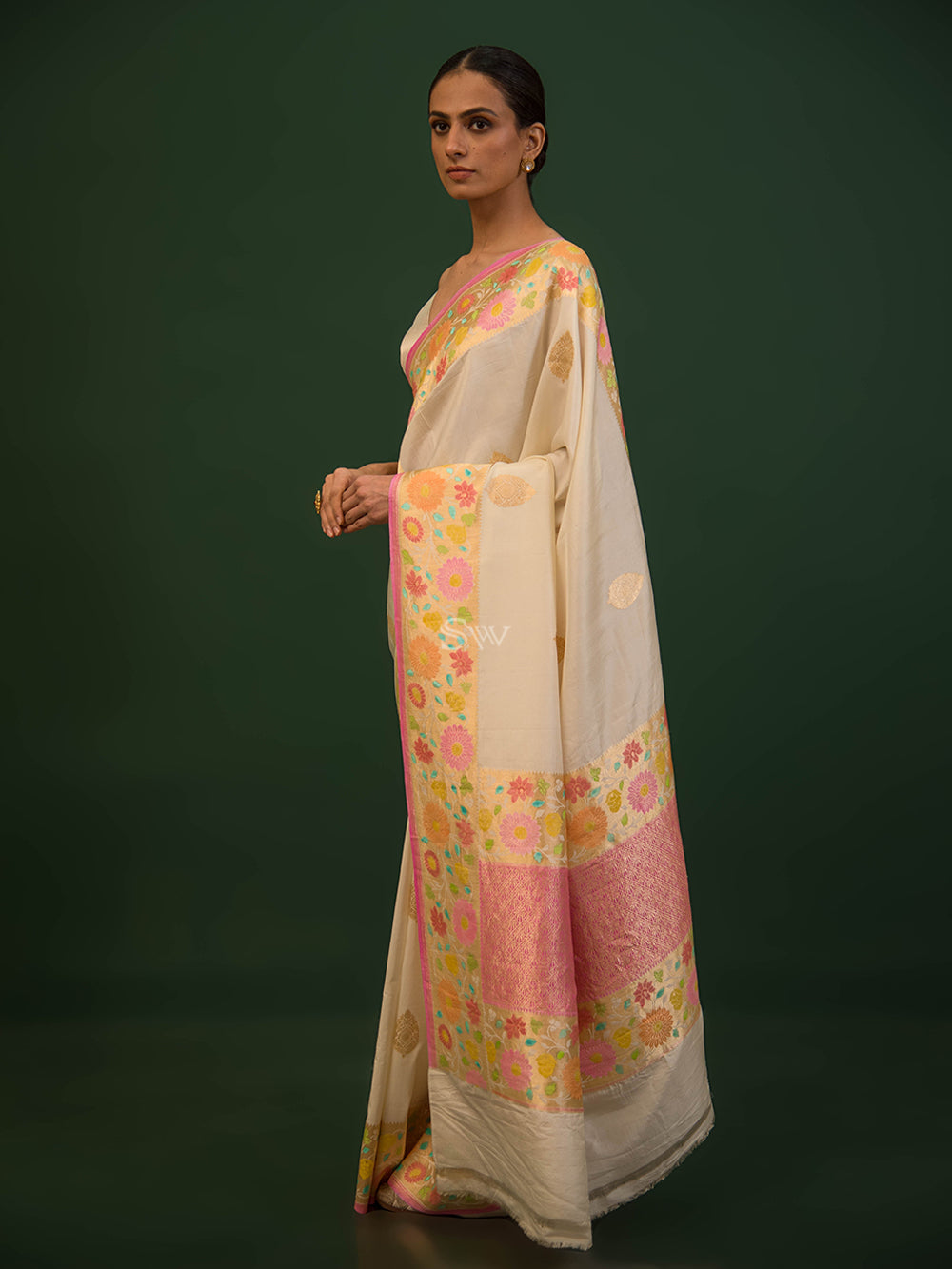 White Boota Katan Silk Handloom Banarasi Saree - Sacred Weaves