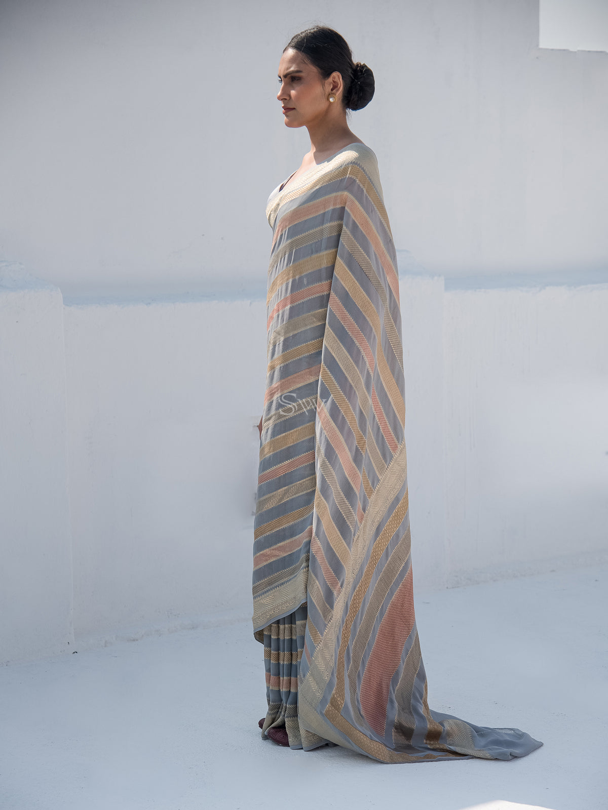 Grey Stripe Khaddi Georgette Handloom Banarasi Saree - Sacred Weaves