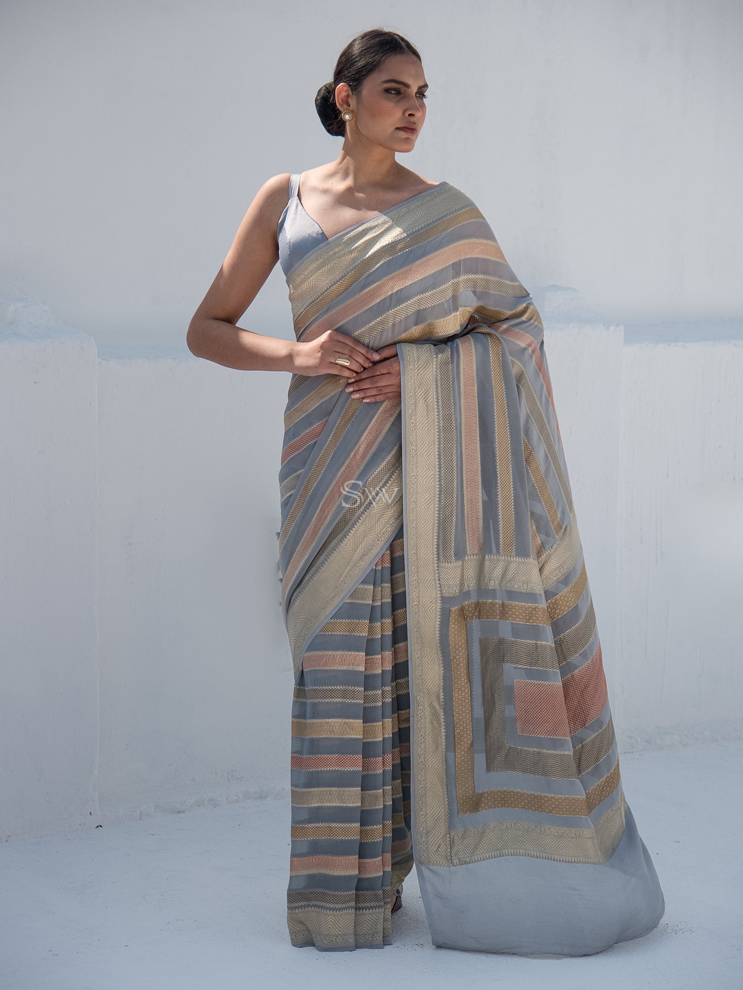 Grey Stripe Khaddi Georgette Handloom Banarasi Saree - Sacred Weaves