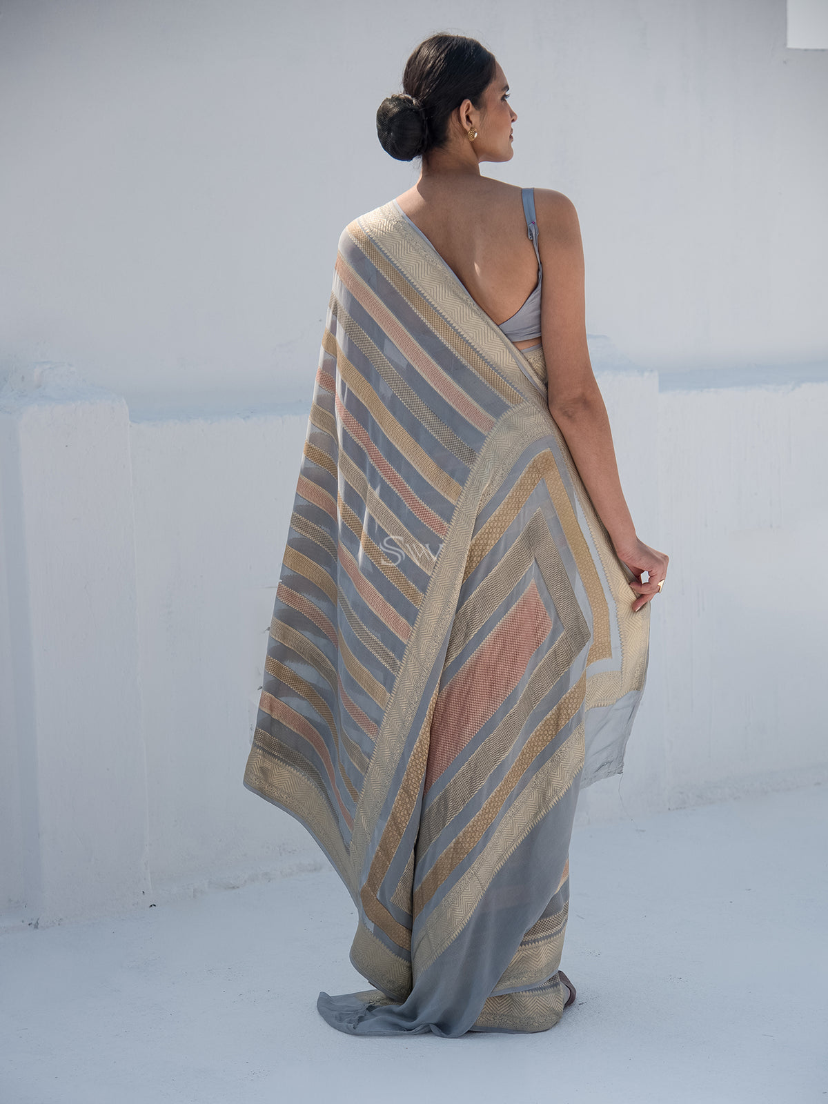 Grey Stripe Khaddi Georgette Handloom Banarasi Saree - Sacred Weaves