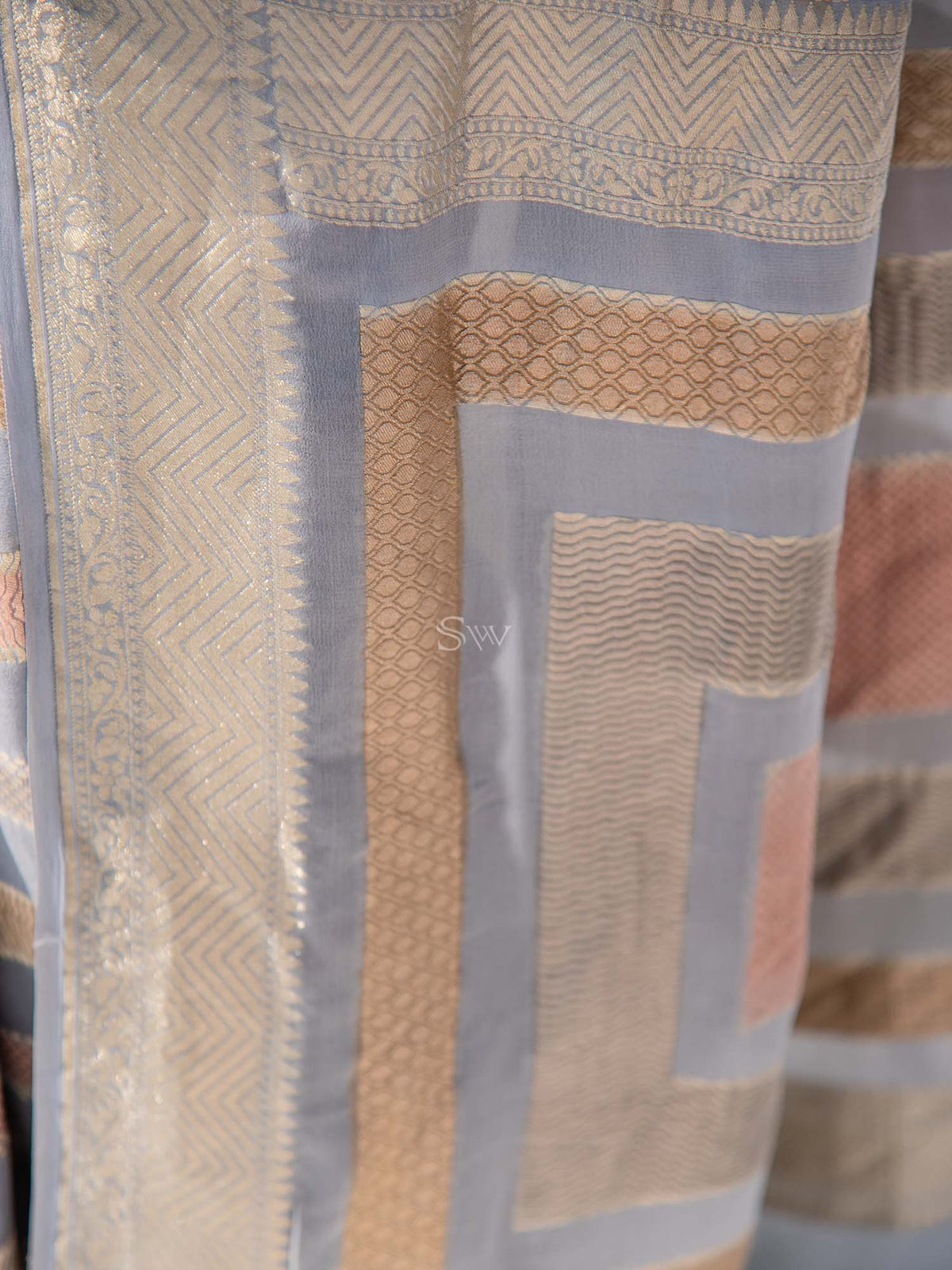 Grey Stripe Khaddi Georgette Handloom Banarasi Saree - Sacred Weaves