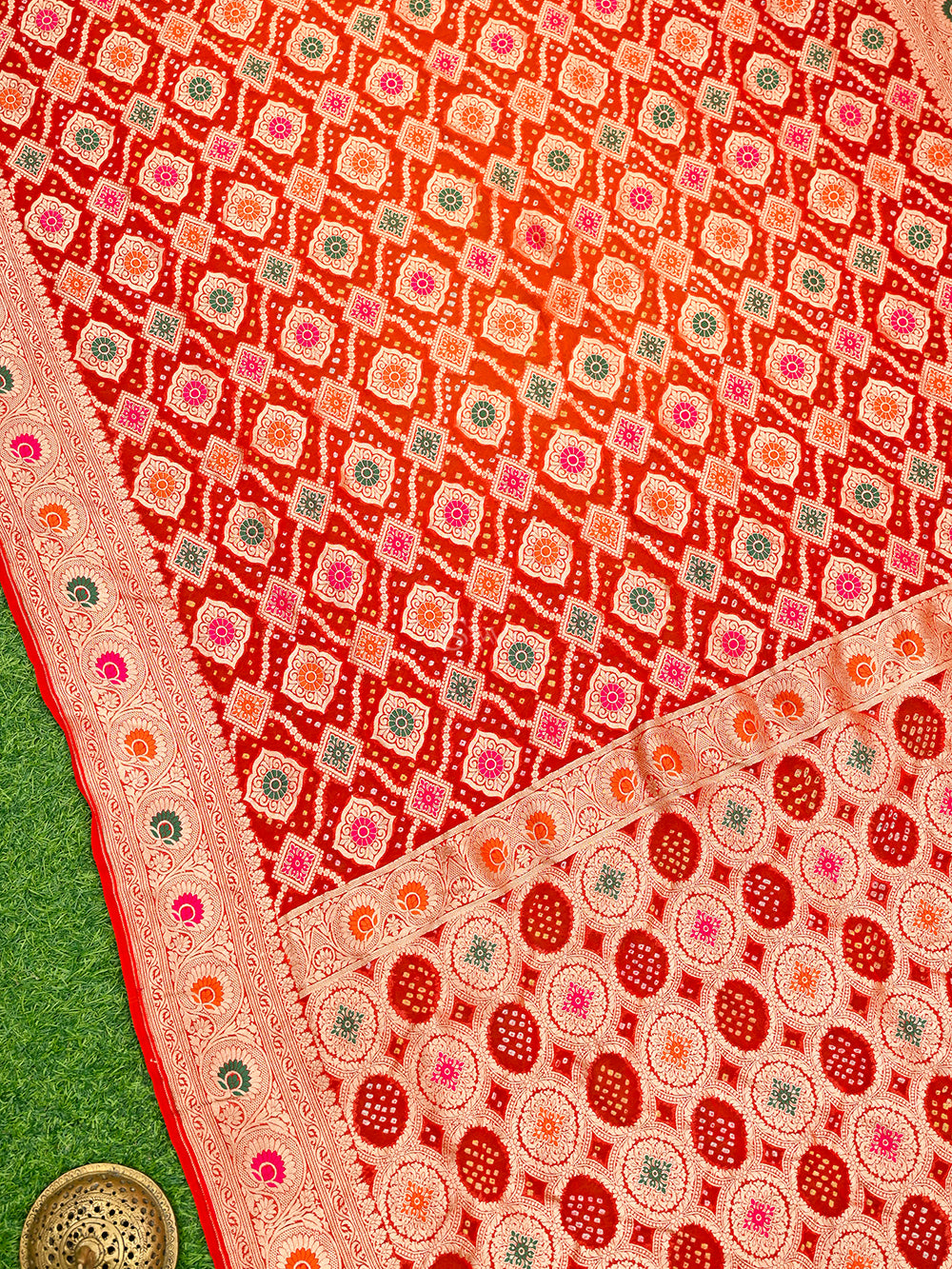 Red Orange Bandhani Khaddi Georgette Handloom Banarasi Saree