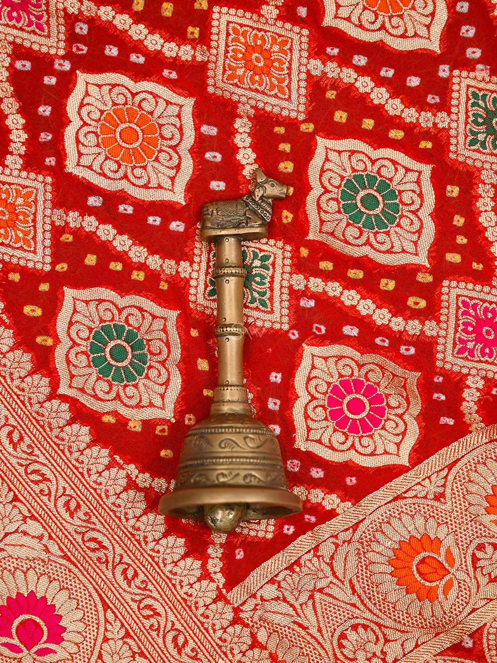 Red Orange Bandhani Khaddi Georgette Handloom Banarasi Saree