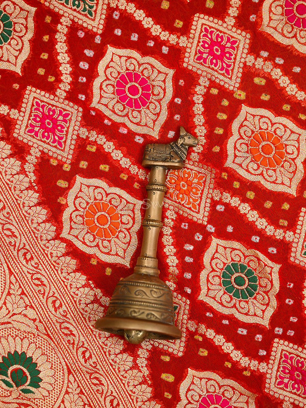 Red Orange Bandhani Khaddi Georgette Handloom Banarasi Saree