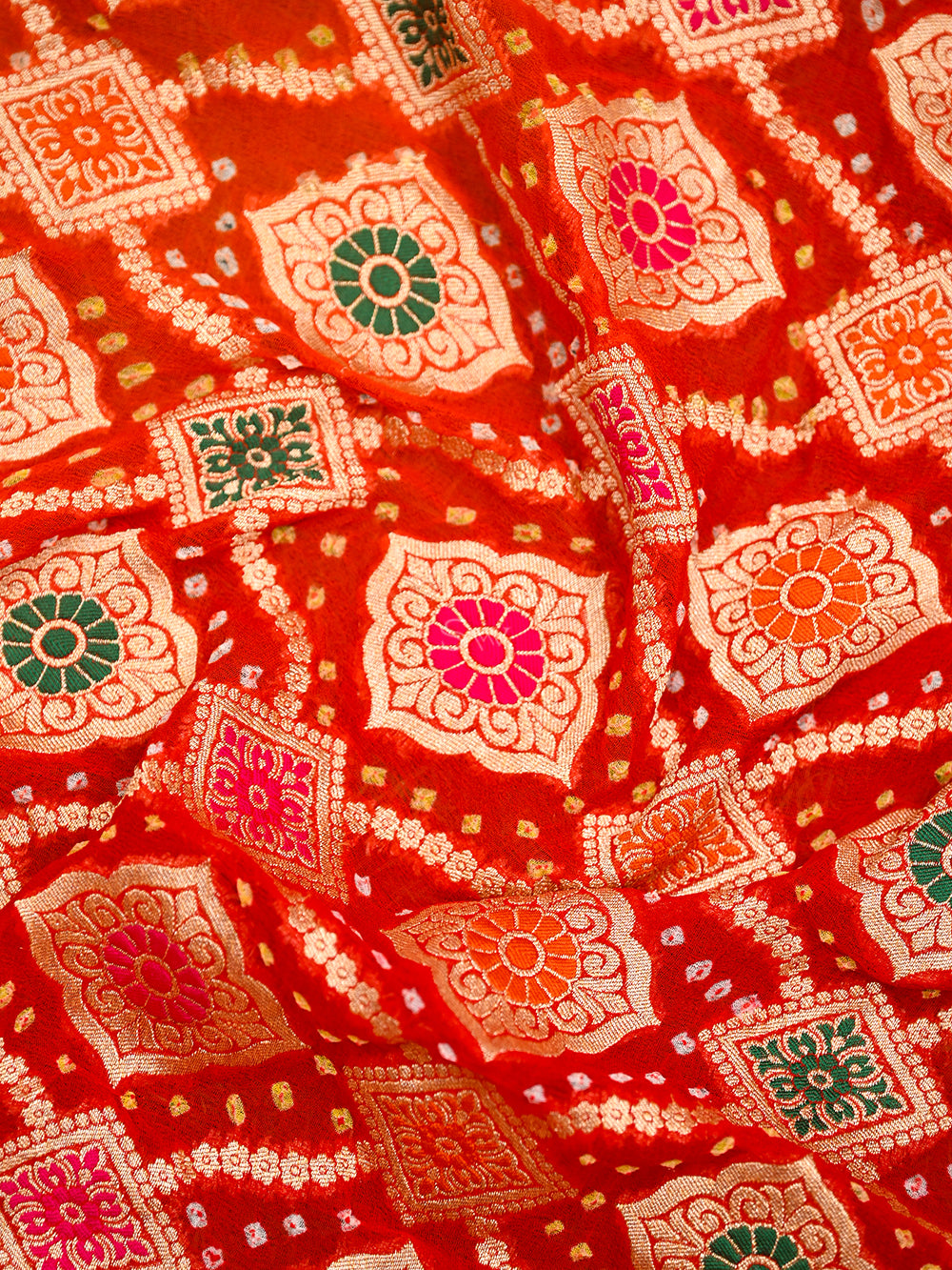 Red Orange Bandhani Khaddi Georgette Handloom Banarasi Saree