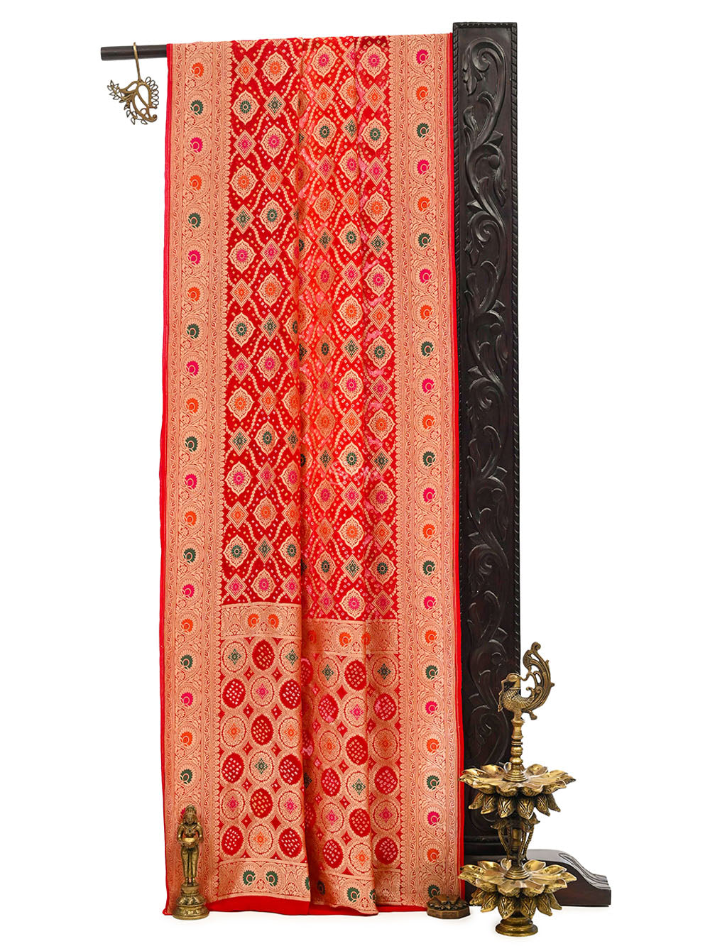 Red Orange Bandhani Khaddi Georgette Handloom Banarasi Saree