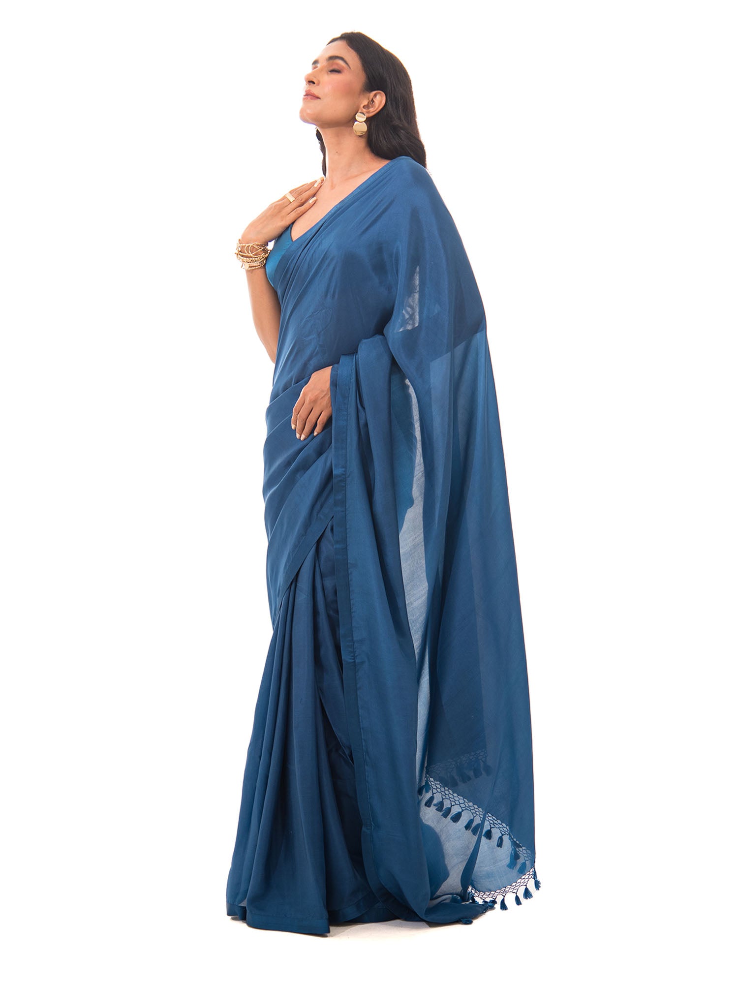 Midnight Blue Plain Silk Handloom Saree - Sacred Weaves