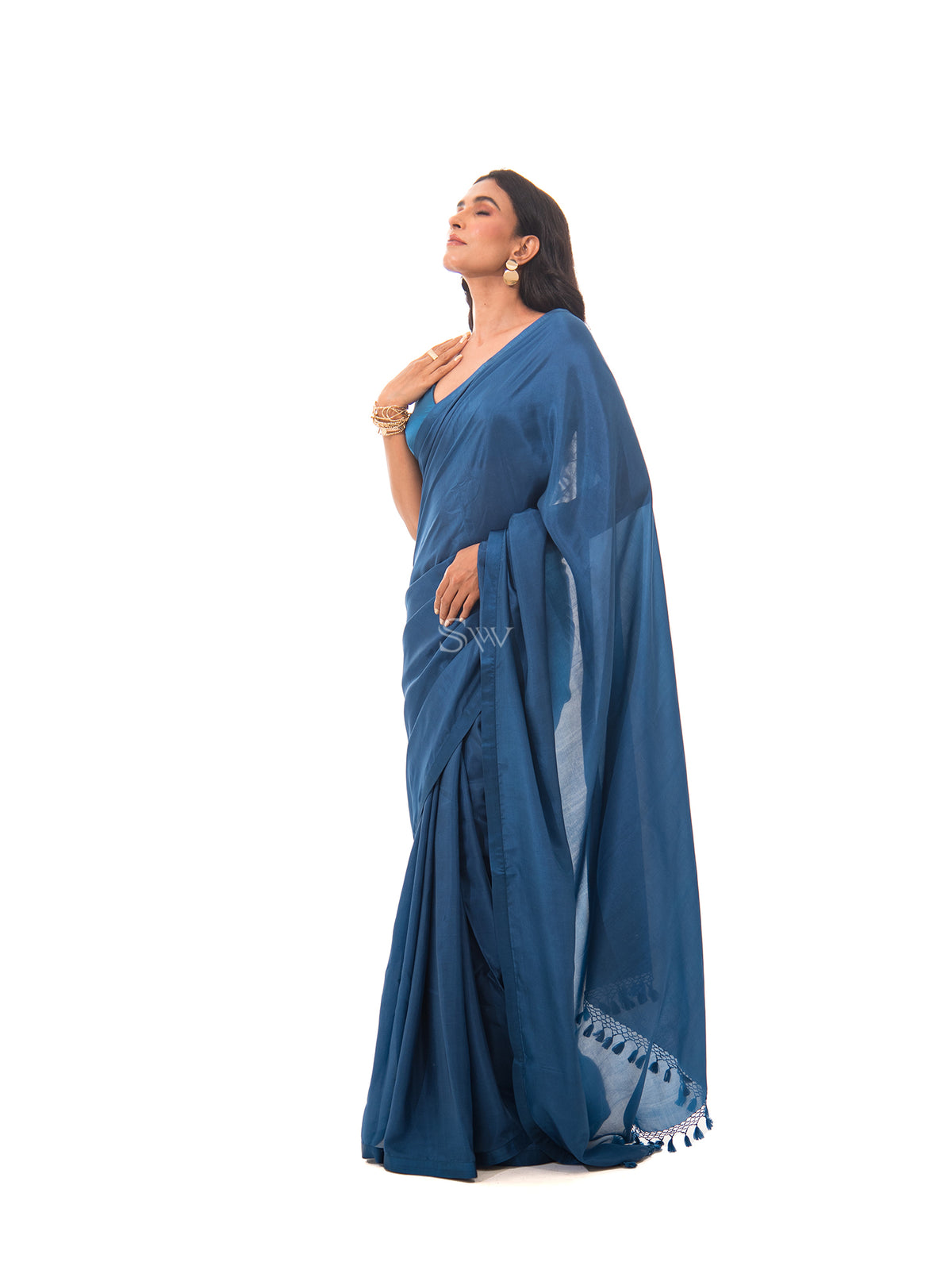 Midnight Blue Plain Silk Handloom Saree - Sacred Weaves