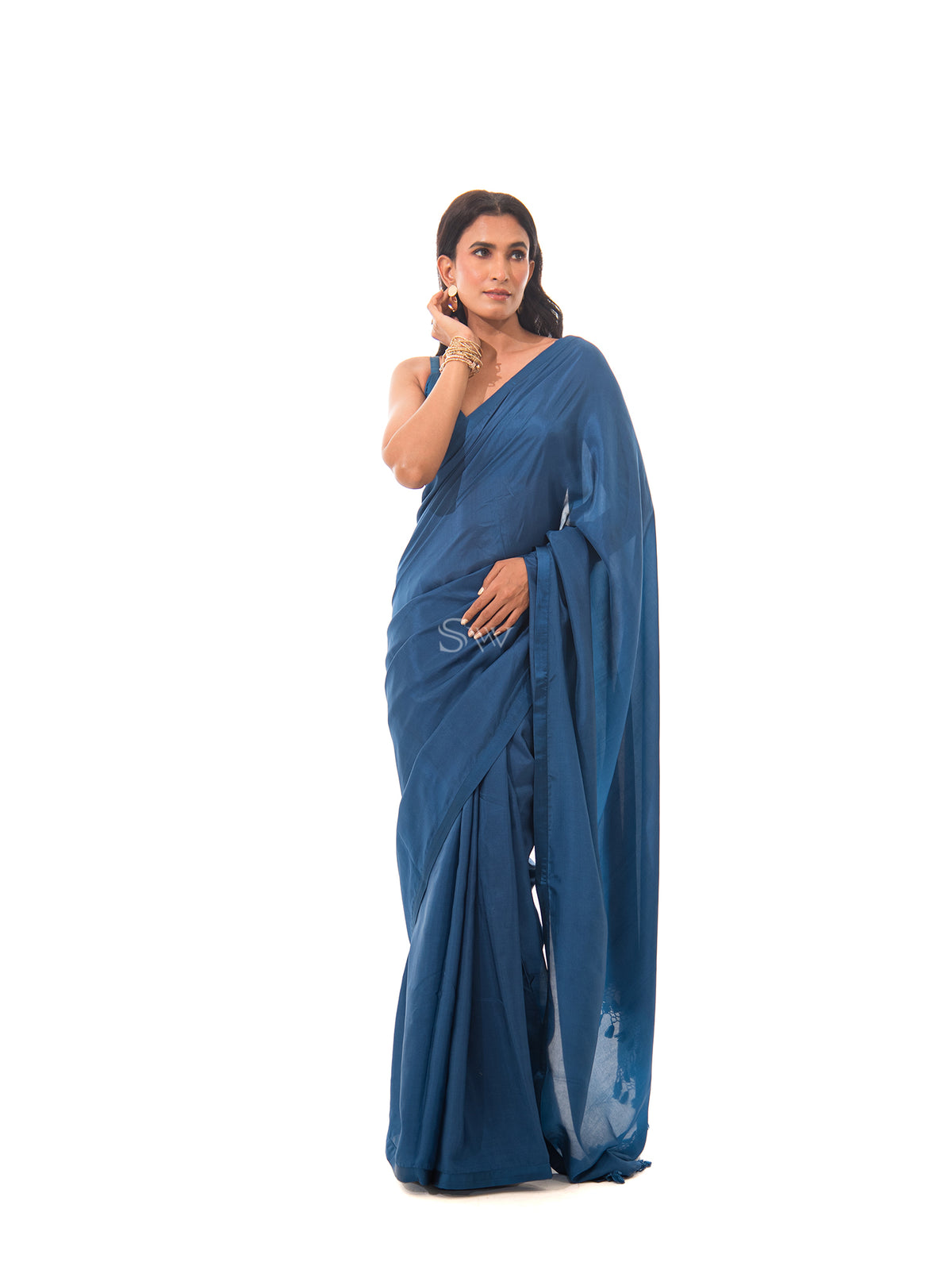 Midnight Blue Plain Silk Handloom Saree - Sacred Weaves