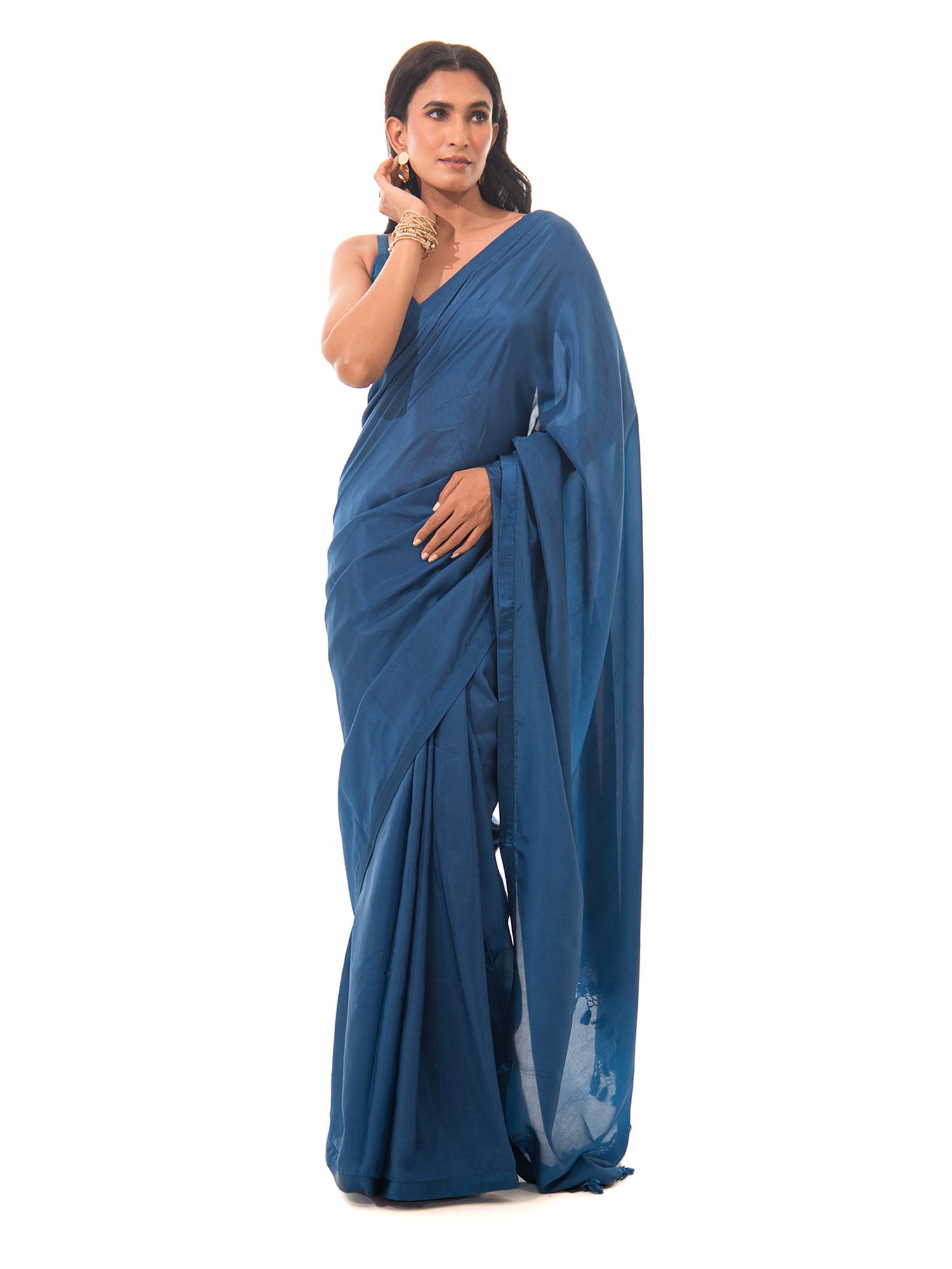 Midnight Blue Plain Silk Handloom Saree - Sacred Weaves