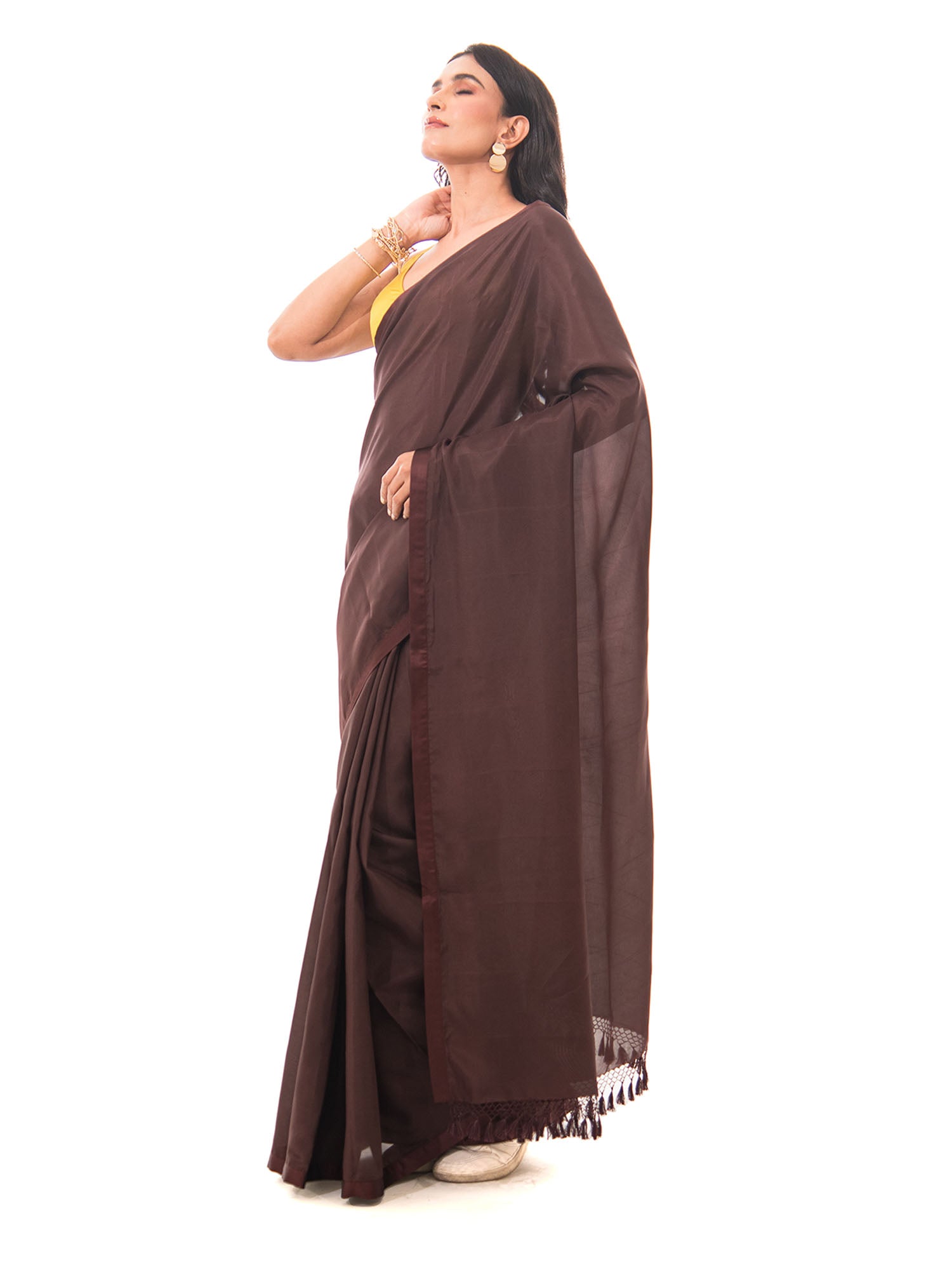 Dark Brown Plain Silk Handloom Saree - Sacred Weaves
