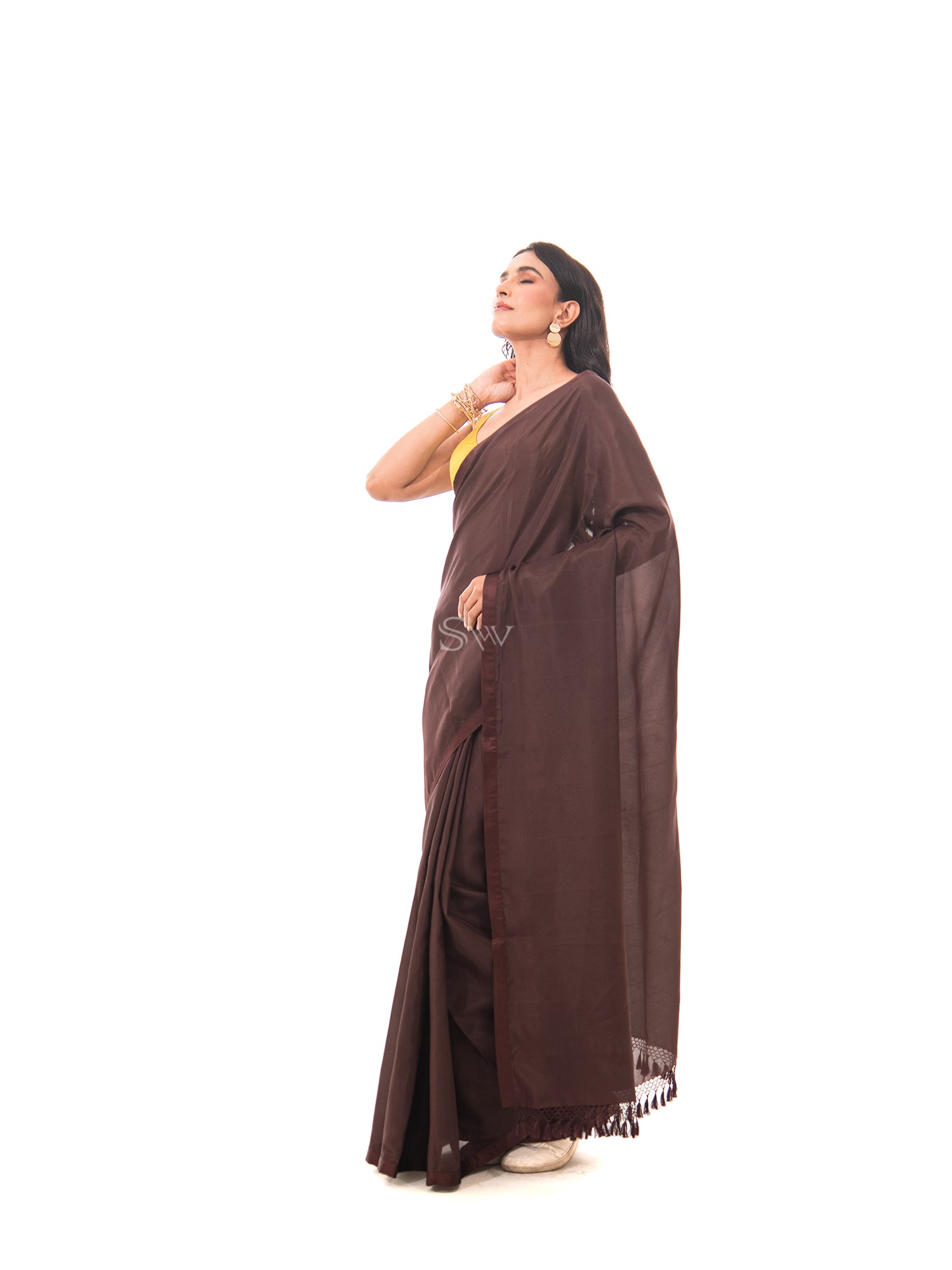 Dark Brown Plain Silk Handloom Saree - Sacred Weaves