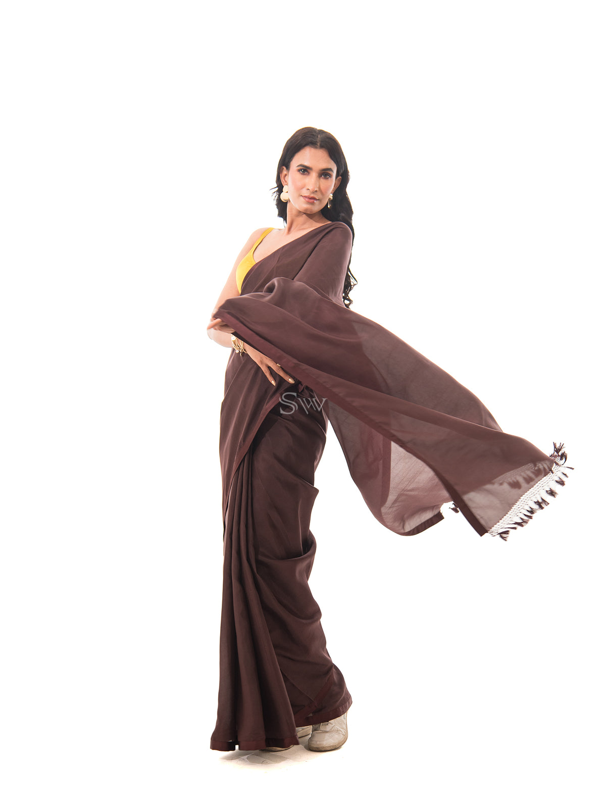 Dark Brown Plain Silk Handloom Saree - Sacred Weaves