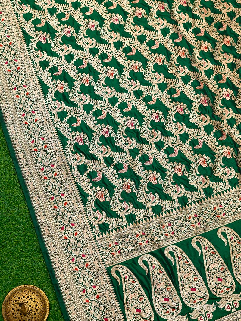 Dark Green Meenakari Katan Silk Handloom Banarasi Suit - Sacred Weaves
