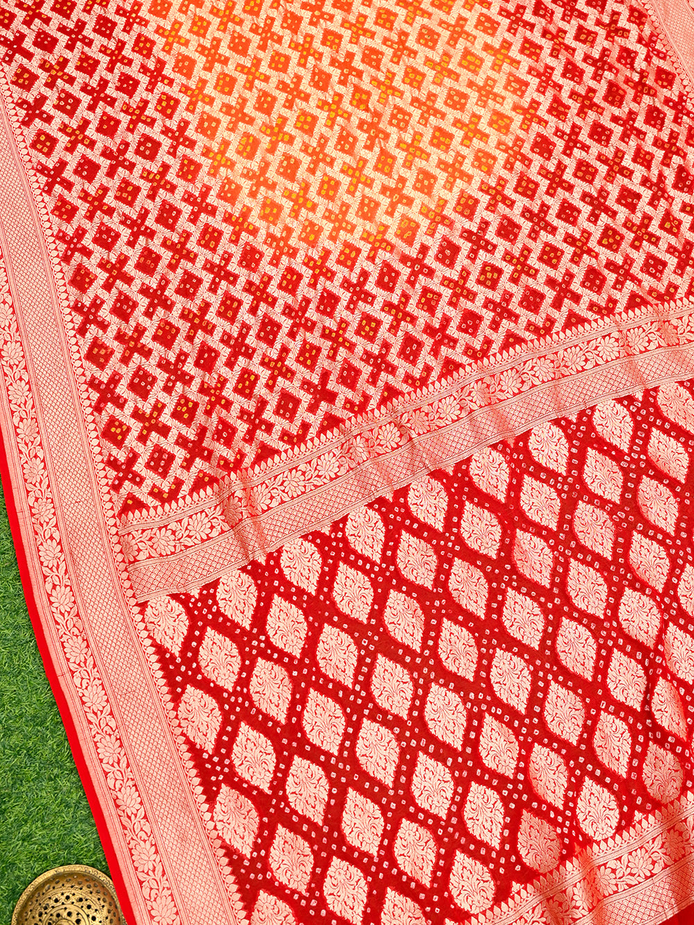 Maroon Orange Bandhani Khaddi Georgette Handloom Banarasi Saree - Sacred Weaves