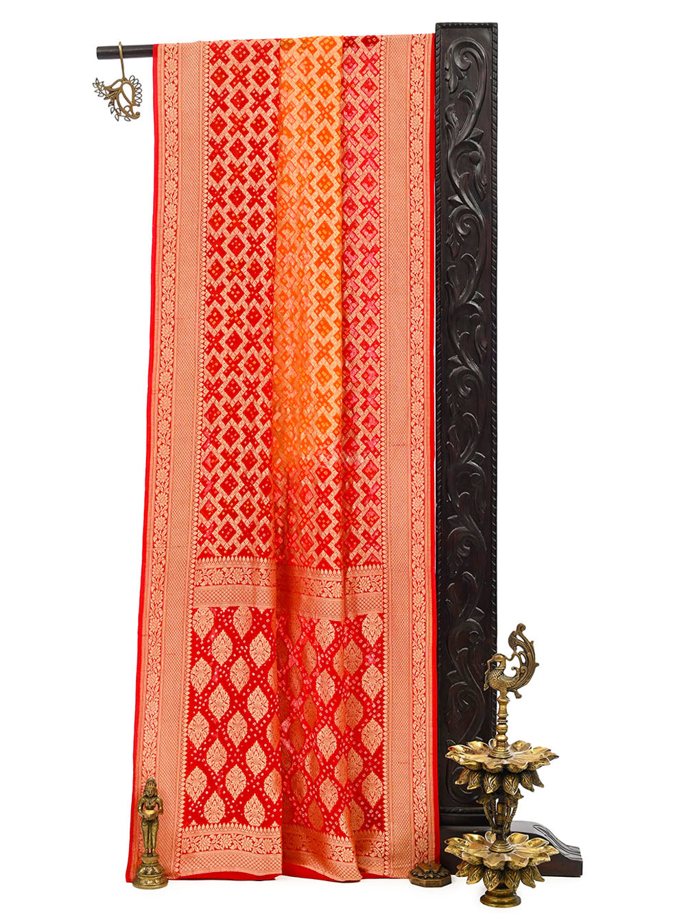 Maroon Orange Bandhani Khaddi Georgette Handloom Banarasi Saree - Sacred Weaves