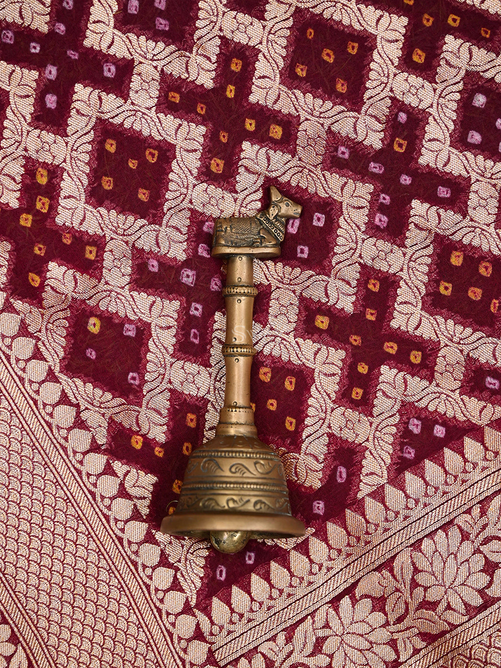 Wine Mauve Bandhani Khaddi Georgette Handloom Banarasi Saree - Sacred Weaves