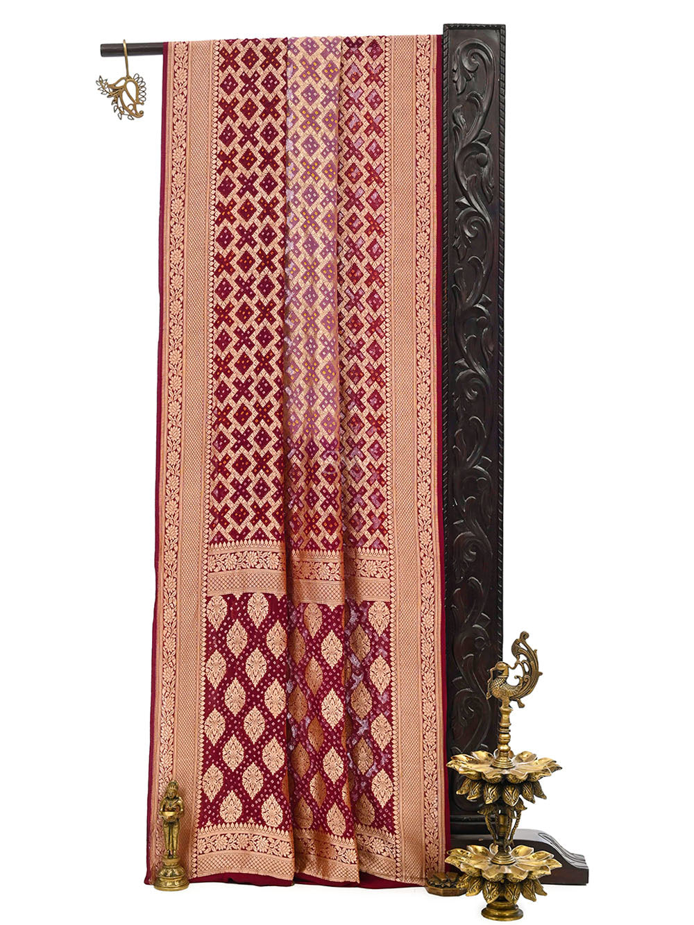 Wine Mauve Bandhani Khaddi Georgette Handloom Banarasi Saree - Sacred Weaves