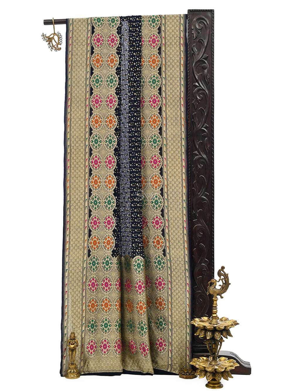 Navy Blue Bandhani Khaddi Georgette Handloom Banarasi Saree - Sacred Weaves