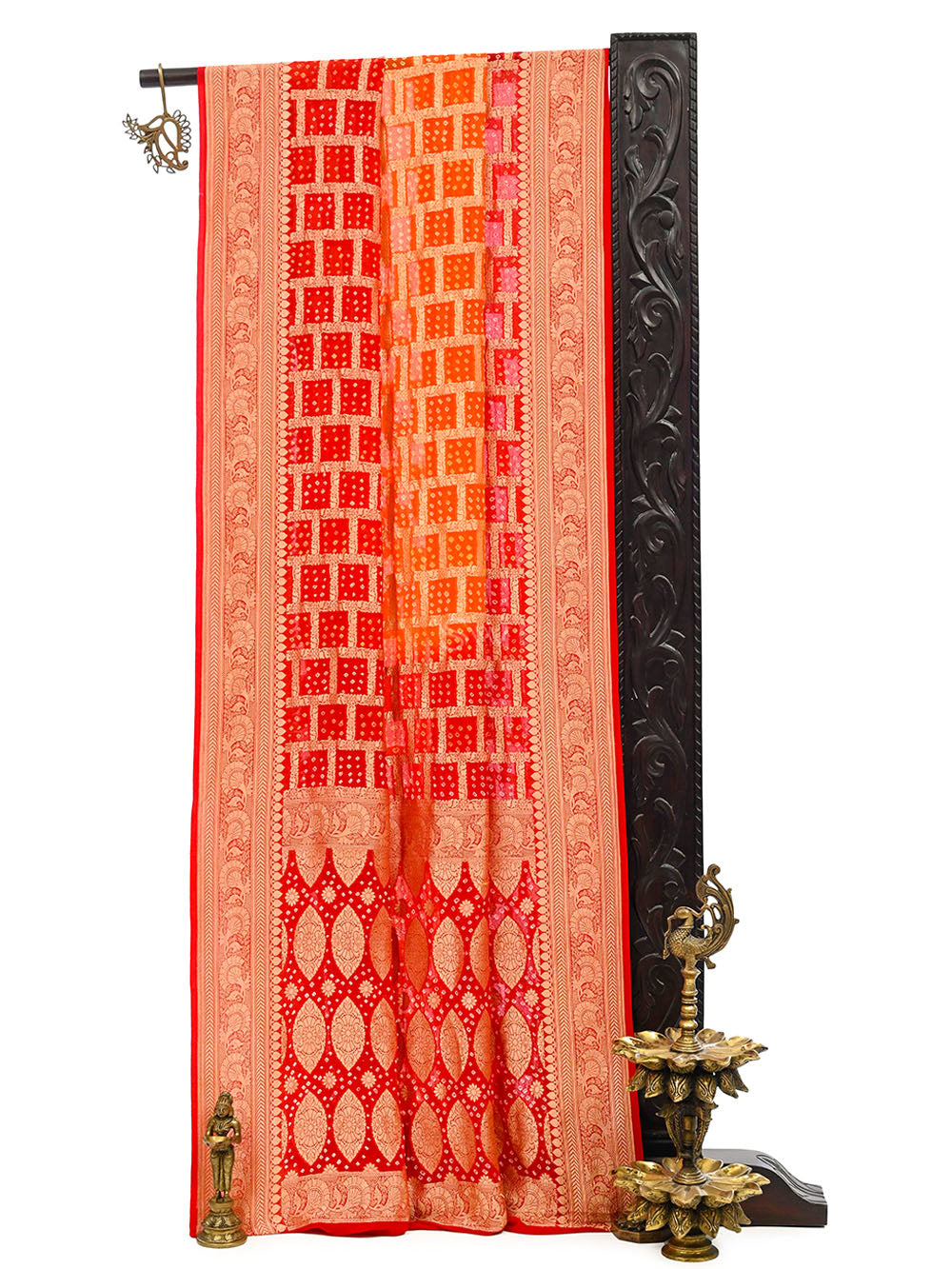 Maroon Orange Bandhani Khaddi Georgette Handloom Banarasi Saree