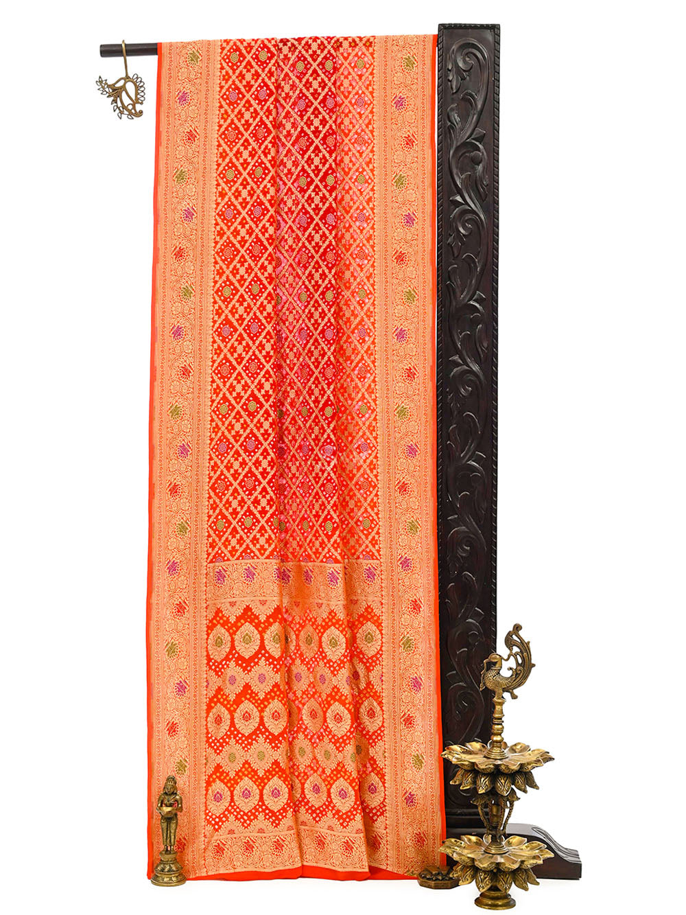 Orange Red Bandhani Khaddi Georgette Handloom Banarasi Saree - Sacred Weaves