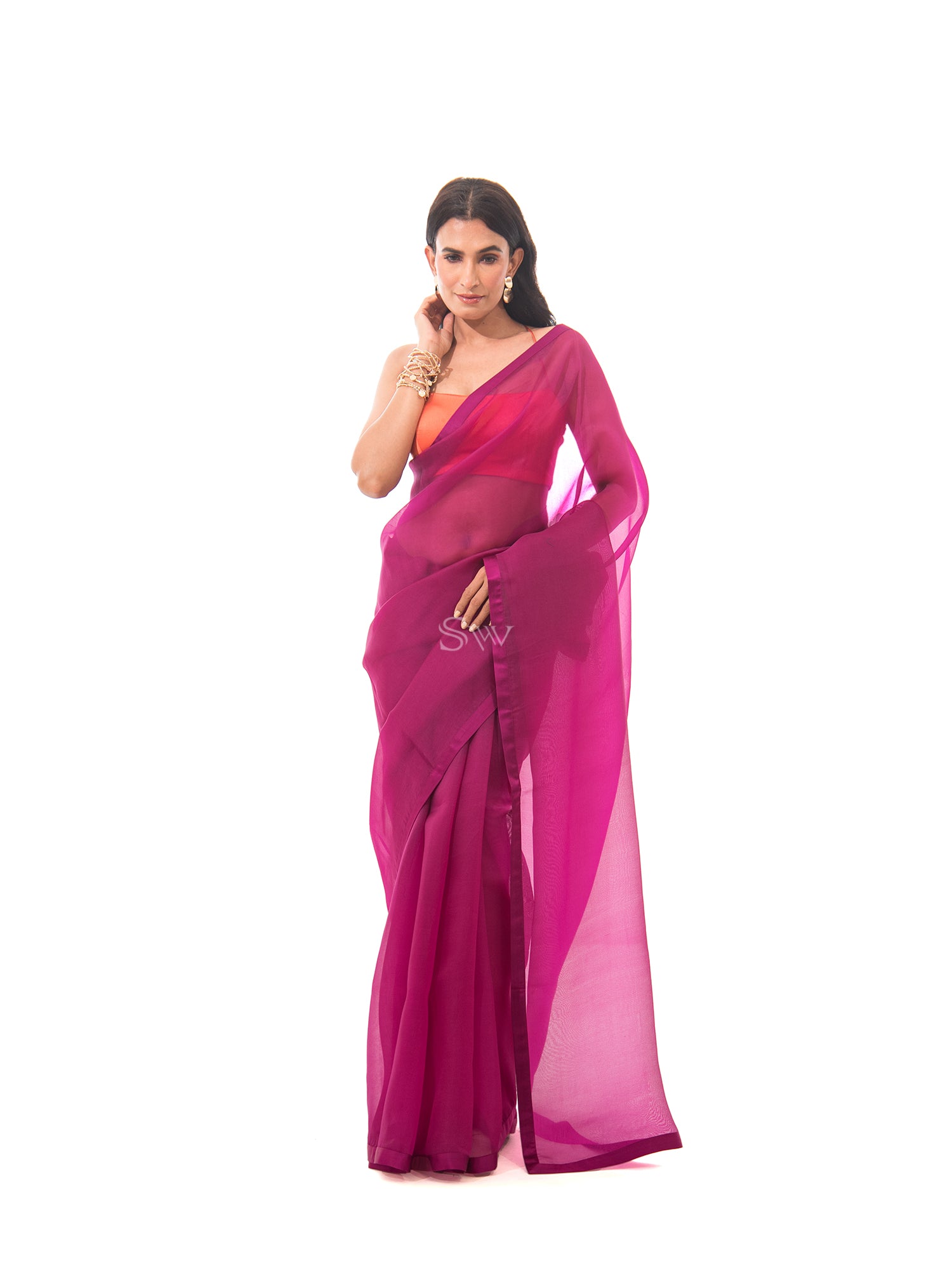 Dark Magenta Plain Organza Handloom Saree - Sacred Weaves
