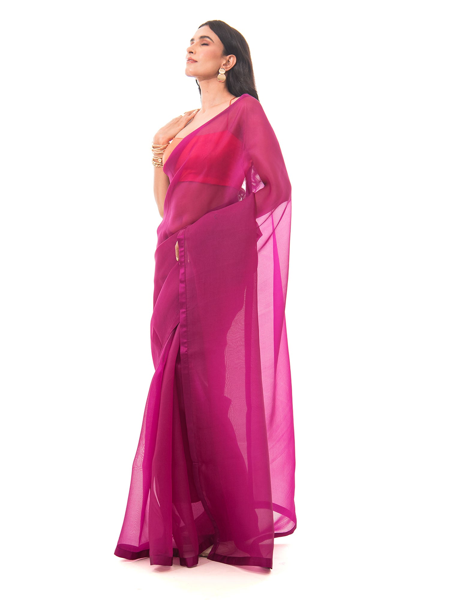 Dark Magenta Plain Organza Handloom Saree - Sacred Weaves