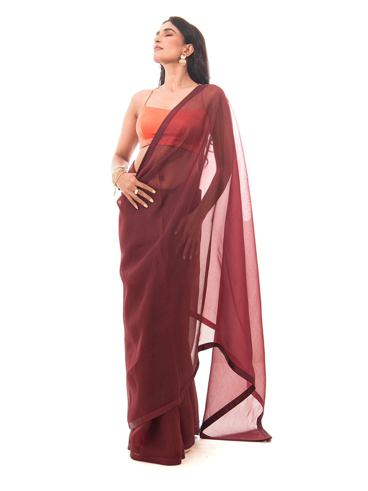 Brown Plain Organza Handloom Saree - Sacred Weaves