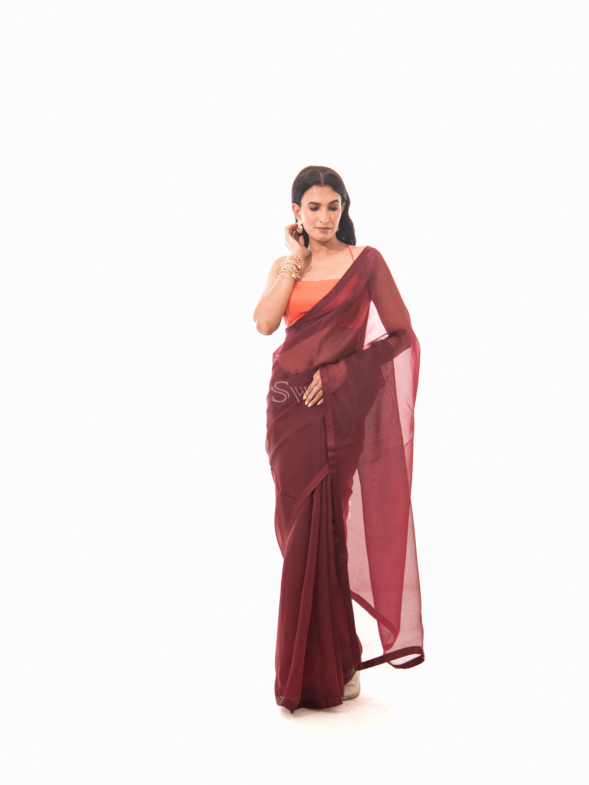 Brown Plain Organza Handloom Saree - Sacred Weaves