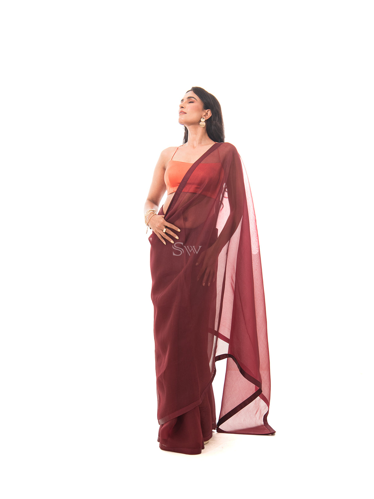 Brown Plain Organza Handloom Saree - Sacred Weaves