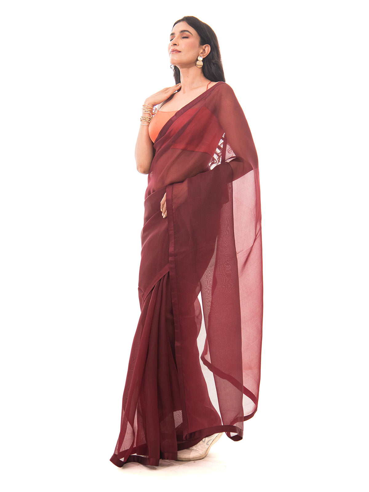 Brown Plain Organza Handloom Saree - Sacred Weaves