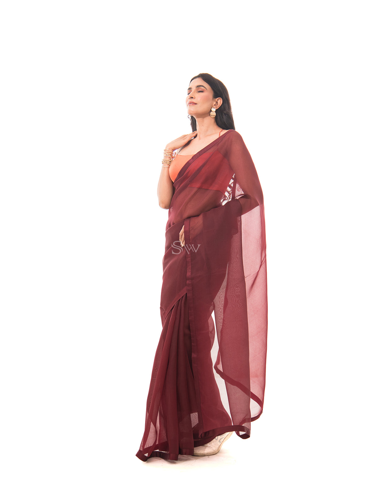 Brown Plain Organza Handloom Saree - Sacred Weaves