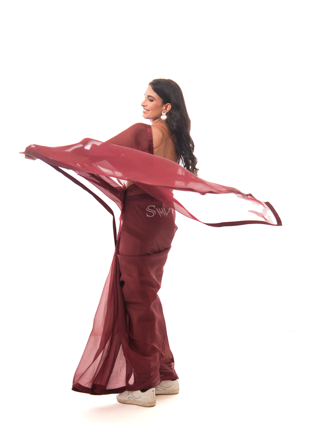 Brown Plain Organza Handloom Saree - Sacred Weaves