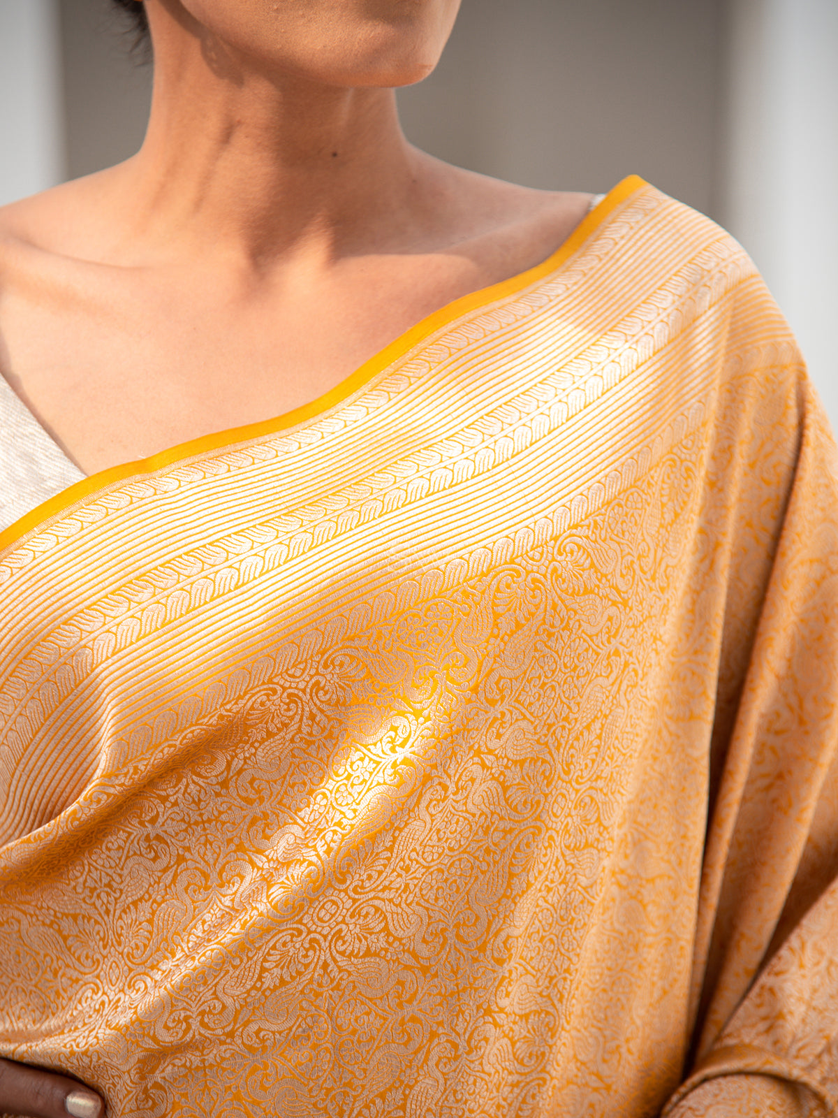 Mustard Shikargah Brocade Handloom Banarasi Saree - Sacred Weaves