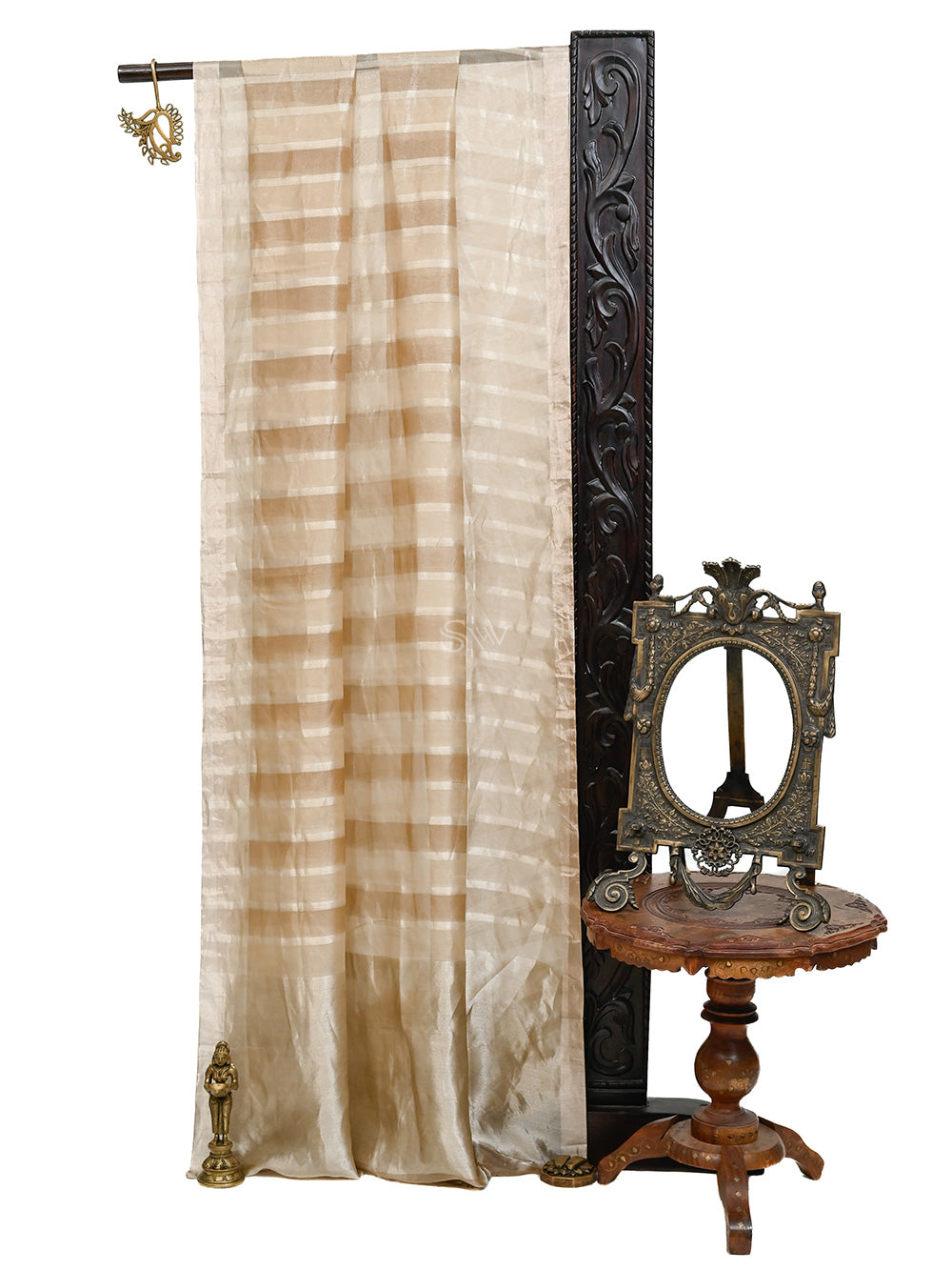 Pastel Brown Beige Stripe Organza Silk Handloom Banarasi Saree - Sacred Weaves