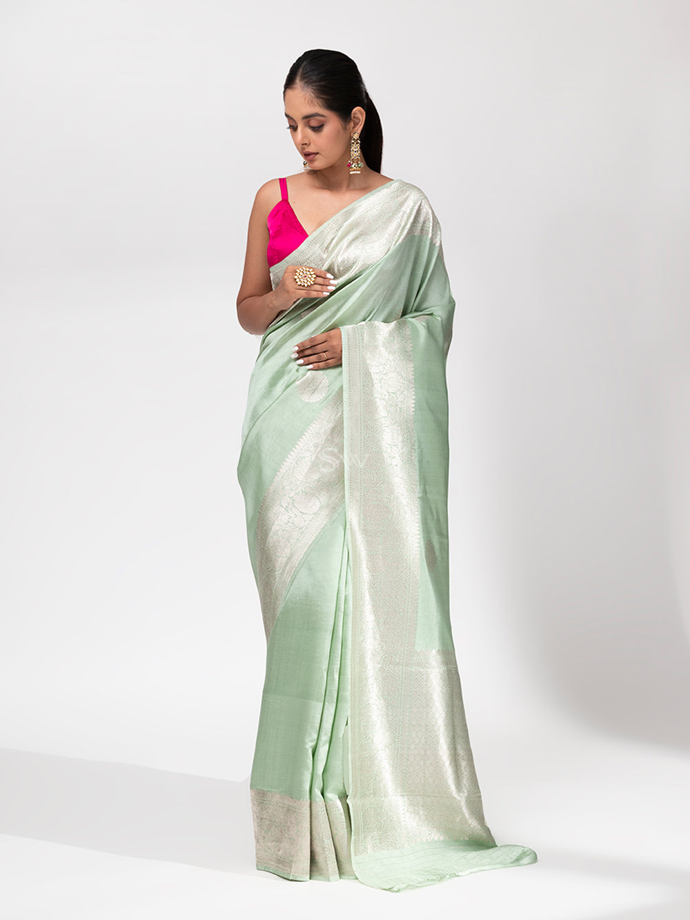 Sea Green Summer Silk Handloom Banarasi Saree - Sacred Weaves