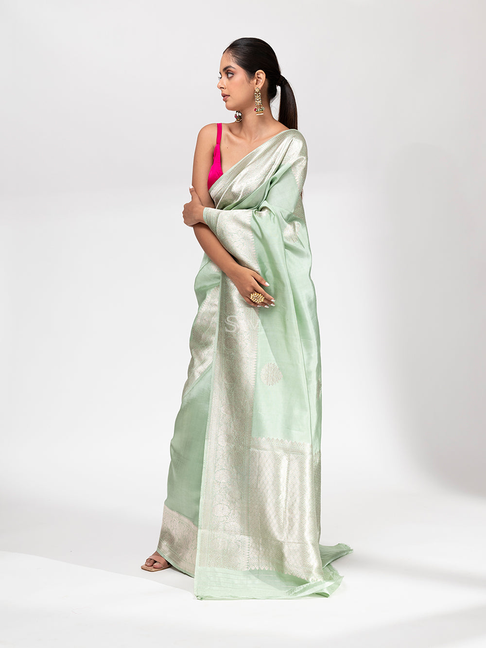 Sea Green Summer Silk Handloom Banarasi Saree - Sacred Weaves