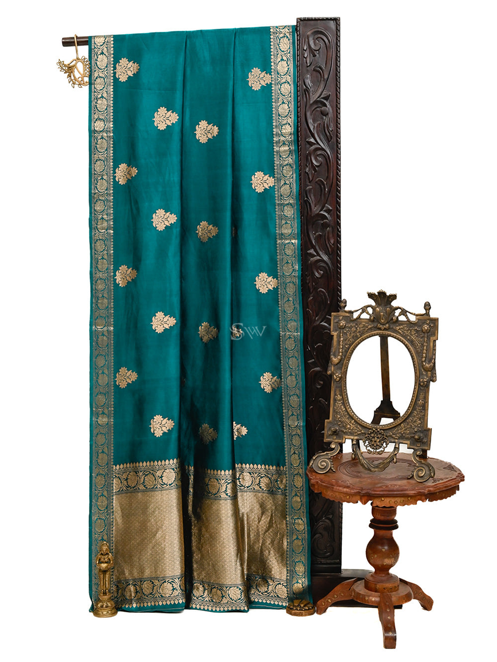 Teal Blue Booti Katan Silk Handloom Banarasi Saree - Sacred Weaves