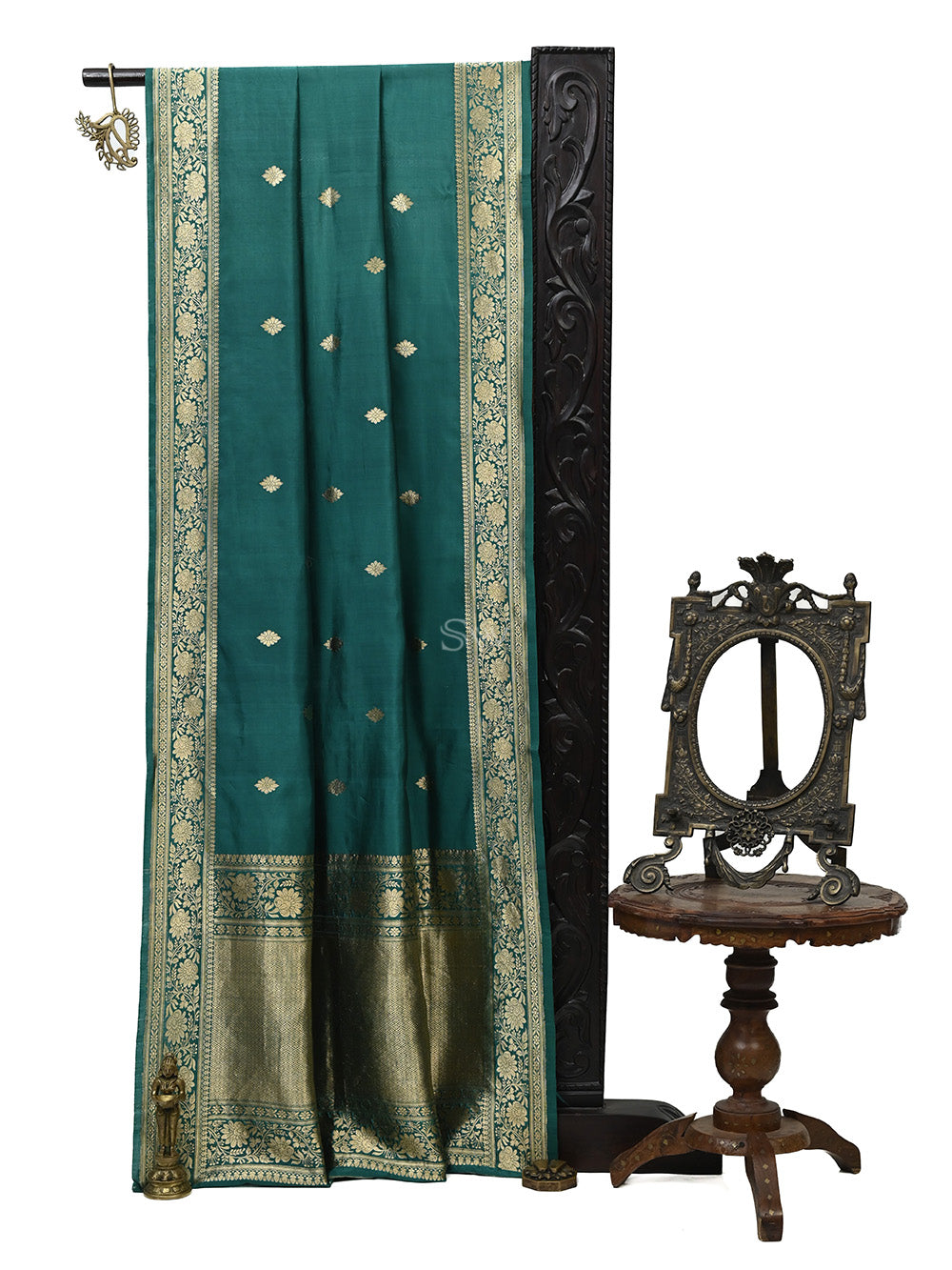 Teal Green Booti Chiniya Silk Handloom Banarasi Saree Sacred Weaves