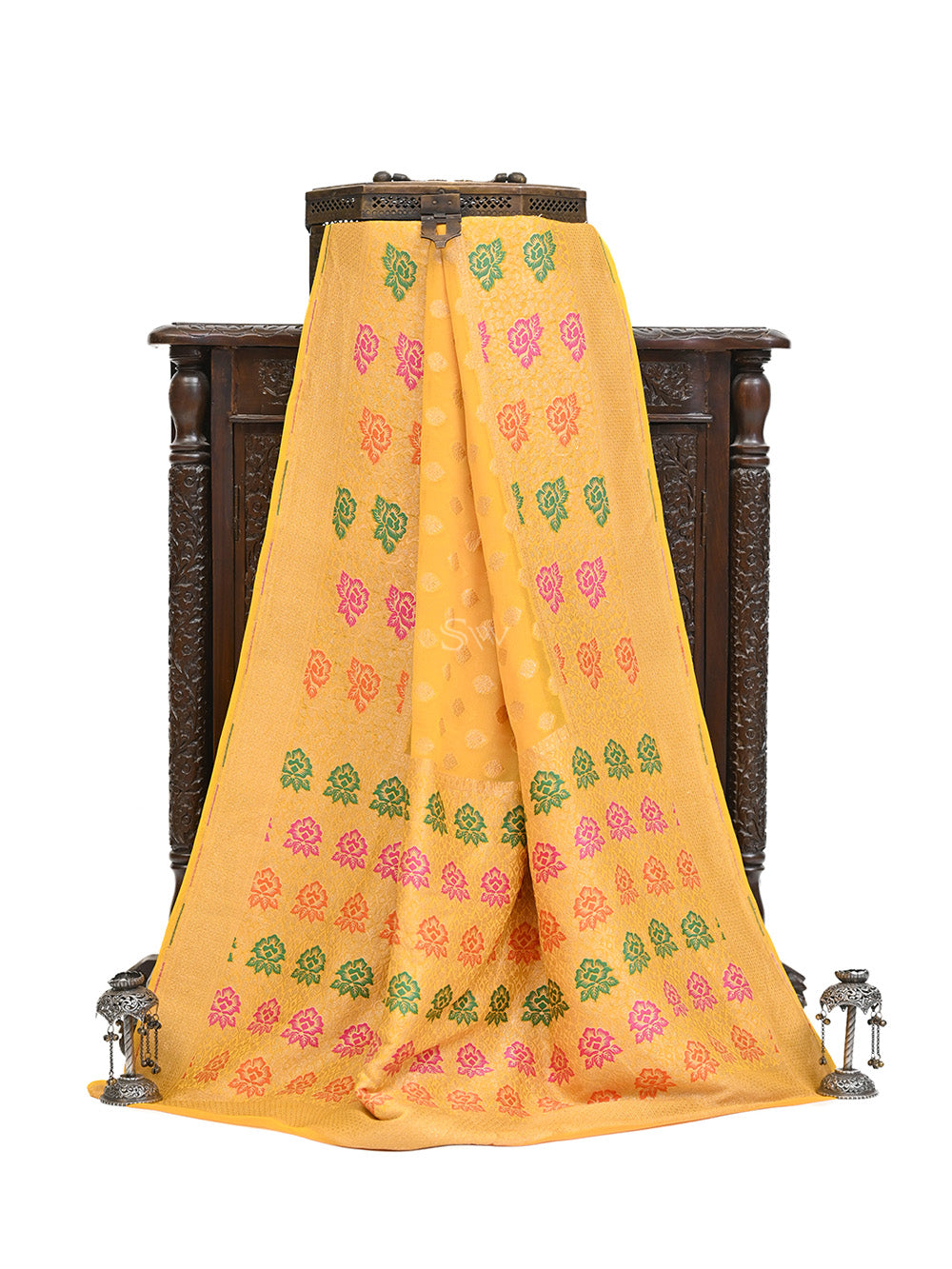Mustard Booti Khaddi Georgette Handloom Banarasi Saree - Sacred Weaves