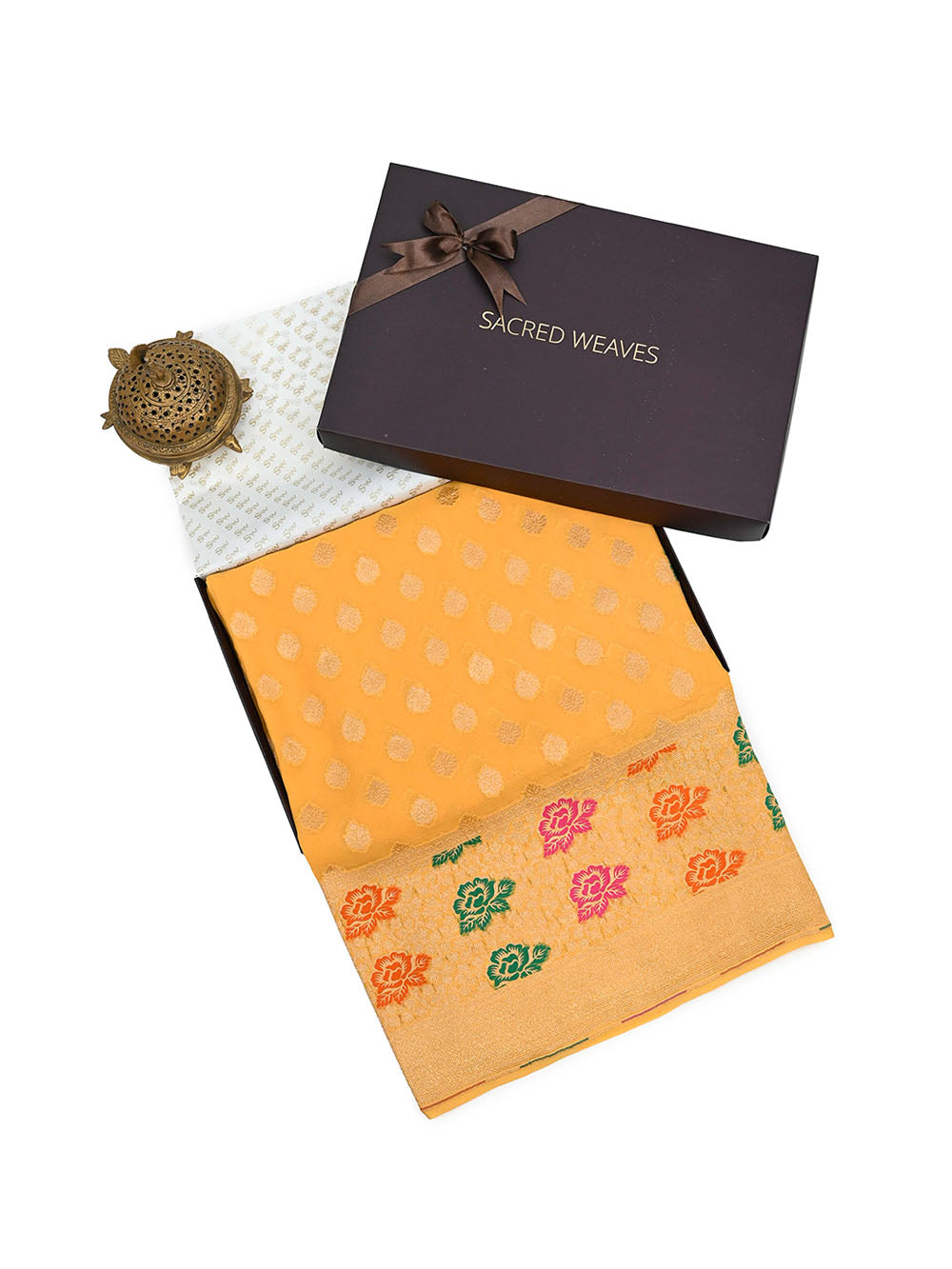 Mustard Booti Khaddi Georgette Handloom Banarasi Saree - Sacred Weaves