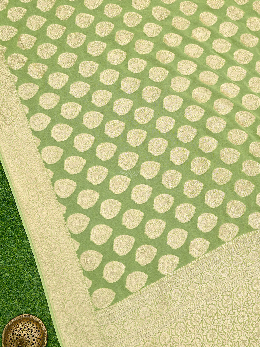 Pista Green Boota Khaddi Georgette Handloom Banarasi Saree - Sacred Weaves